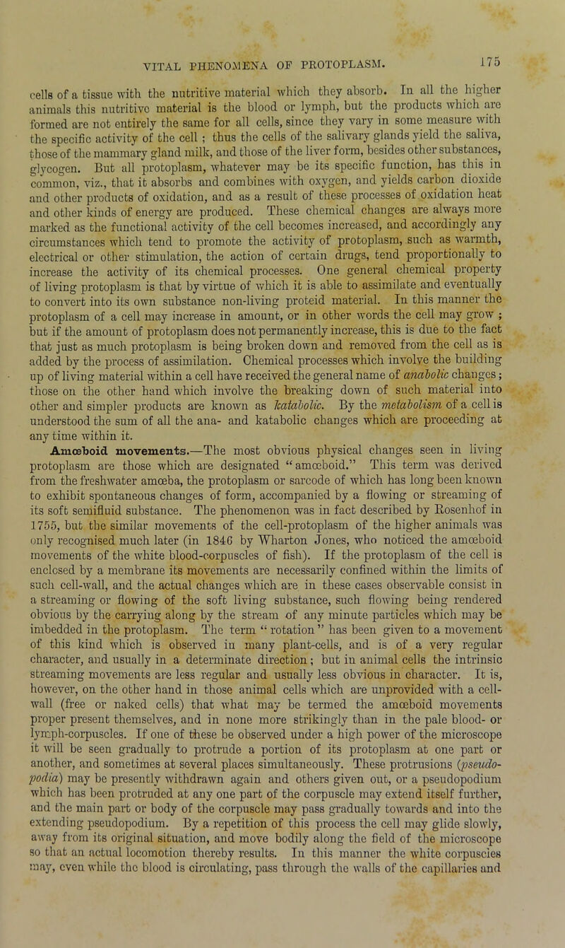 cells of a tissue with the nutritive material which they absorb. In all the higher animals this nutritive material is the blood or lymph, but the products which arc formed are not entirely the same for all cells, since they vary in some measure with the specific activity of the cell ; thus the cells of the salivary glands yield the saliva, those of the mammary gland millc, and those of the liver form, besides other substances, glycogen. But all protoplasm, whatever may be its specific function, has this in common, viz., that it absorbs and combines with oxygen, and yields carbon dioxide and other products of oxidation, and as a result of these processes of oxidation heat and other kinds of energy are produced. These chemical changes are always more marked as the functional activity of the cell becomes increased, and accordingly any circumstances which tend to promote the activity of protoplasm, such as warmth, electrical or other stimulation, the action of certain drugs, tend proportionally to increase the activity of its chemical processes. One general chemical property of living protoplasm is that by virtue of which it is able to assimilate and eventually to convert into its own substance non-living proteid material. In this manner the protoplasm of a cell may increase in amount, or in other words the cell may grow ; but if the amount of protoplasm does not permanently increase, this is due to the fact that just as much protoplasm is being broken down and removed from the cell as is added by the process of assimilation. Chemical processes which involve the building up of living material within a cell have received the general name of anabolic, changes; those on the other hand which involve the breaking down of such material into other and simpler products are known as Icatabolic. By the metabolism, of a cell is understood the sum of all the ana- and katabolic changes which are proceeding at any time within it. Amoeboid movements.—The most obvious physical changes seen in living protoplasm are those which are designated “amoeboid.” This term was derived from the freshwater amoeba, the protoplasm or sarcode of which has long been known to exhibit spontaneous changes of form, accompanied by a flowing or streaming of its soft semifluid substance. The phenomenon was in fact described by Bosenhof in 1755, but the similar movements of the cell-protoplasm of the higher animals was only recognised much later (in 184G by Wharton Jones, who noticed the amoeboid movements of the white blood-corpuscles of fish). If the protoplasm of the cell is enclosed by a membrane its movements are necessarily confined within the limits of such cell-wall, and the actual changes which are in these cases observable consist in a streaming or flowing of the soft living substance, such flowing being rendered obvious by the carrying along by the stream of any minute particles which may be imbedded in the protoplasm. The term “ rotation” has been given to a movement of this kind which is observed in many plant-cells, and is of a very regular character, and usually in a determinate direction; but in animal cells the intrinsic streaming movements are less regular and usually less obvious in character. It is, however, on the other hand in those animal cells which are unprovided with a cell- wall (free or naked cells) that what may be termed the amoeboid movements proper present themselves, and in none more strikingly than in the pale blood- or lymph-corpuscles. If one of these be observed under a high power of the microscope it will be seen gradually to protrude a portion of its protoplasm at one part or another, and sometimes at several places simultaneously. These protrusions (pseudo- podia) may be presently withdrawn again and others given out, or a pseudopodium which has been protruded at any one part of the corpuscle may extend itself further, and the main part or body of the corpuscle may pass gradually towards and into the extending pseudopodium. By a repetition of this process the cell may glide slowly, away from its original situation, and move bodily along the field of the microscope so that an actual locomotion thereby results. In this manner the white corpuscles may, even while the blood is circulating, pass through the walls of the capillaries and