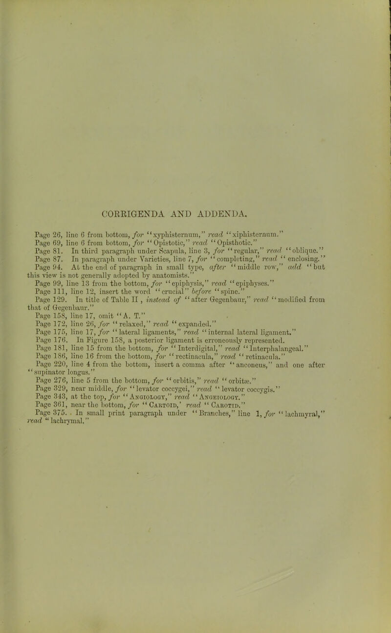 CORRIGENDA AND ADDENDA. Page 26, line 6 from bottom, for “ xypliisternum, ” read “ xipliisternum.” Page 69, line 6 from bottom, for “Opistotic,” read “ Opisthotic. Page 81. In third paragraph under Scapula, line 3, for “regular,” read “oblique.” Page 87. In paragraph under Varieties, line 7, for “completing,” read “ enclosing.” Page 94. At the end of paragraph in small type, after “middle row,” add “but this view is not generally adopted by anatomists.” Page 99, line 13 from the bottom, for “epiphysis,” read “epiphyses.” Page 111, line 12, insert the word “crucial” before “spine.” Page 129. In title of Table II , instead of “after Gegenbaur,” read “modified from that of Gegenbaur.” Page 158, line 17, omit “A. T.” Page 172, line 26, for “relaxed,” read “expanded.” Page 175, line 17, for “lateral ligaments,” read “internal lateral ligament.” Page 176. In Figure 158, a posterior ligament is erroneously represented. Page 181, line 15 from the bottom, for “ Interdigital,” read “ Interphalangeal.” Page 186, line 16 from the bottom, for “rectinacula,” read “retinacula.” Page 220, line 4 from the bottom, insert a comma after “anconeus,” and one after “supinator longus.” Page 276, line 5 from the bottom, for “ orbitis,” read “ orbit®.” Page 329, near middle, for “levator coccygei,” read “ levator coccygis.” Page 343, at the top, for “ Axgiology,” read “ Axgeiology.” Page 361, near the bottom, for “ Cartoid,' read “ Carotid.” Page 375. . In small print paragraph under “Branches,” line 1, for “lachmyral,” read “ lachrymal. ”