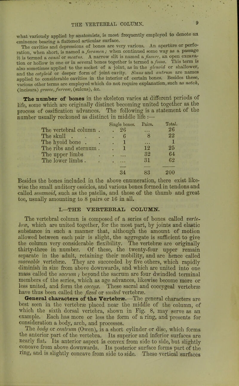 what variously applied by anatomists, is most frequently employed to denote an eminence bearing a flattened articular surface. The cavities and depressions of bones are very various. An aperture or perfo- ration, when short, is named a foramen; when continued some way as a passage it is termed a canal or meatus. A narrow slit is named a fissure, an open excava- tion or hollow in one or in several bones together is termed a fossa. This term is also sometimes applied to the socket of a joint, as in the glenoid or shallower, and the cotyloid or deeper form of joint cavity. Sinus and antrum are names applied to considerable cavities in the interior of certain bones. Besides these, various other terms are employed which do not require explanation, such as 'notch, (incisura) groove, furrow, (sulcus), &c. The number of bones in the skeleton varies at different periods of life, some which are originally distinct becoming united together as the usually reckoned as distinct in middle life :— Single bones. Pairs. Total. The vertebral column . . 26 26 The skull . . 6 8 22 The hyoid bone . . 1 1 The ribs and sternum . . 1 12 25 The upper limbs . ... 32 64 The lower limbs . . ... 31 62 34 83 200 Besides the hones included in the above enumeration, there exist like- wise the small auditory ossicles, and various bones formed in tendons and called sesamoid, such as the patella, and those of the thumb and great toe, usually amounting to 8 pairs or 16 in all. I.—THE VERTEBRAL COLUMN. The vertebral column is composed of a series of bones called verte- bra, which are united together, for the most part, by joints and elastic substance in such a manner that, although the amount of motion allowed between each pair is slight, the aggregate is sufficient to give the column very considerable flexibility. The vertebrae are originally thirty-three in number. Of these, the twenty-four upper remain separate in the adult, retaining their mobility, and are hence called moveable vertebrae. They are succeeded by five others, which rapidly diminish in size from above downwards, and which are united into one mass called the sacrum ; beyond the sacrum are four dwindled terminal members of the series, which as age advances, likewise become more or less united, and form the coccyx. These sacral and coccygeal vertebra? have thus been called the fixed or united vertebrae. General characters of the Vertebrae.—The general characters are best seen in the vertebrae placed near the middle of the column, of which the sixth dorsal vertebra, shown in Fig. 8, may serve as an example. Each has more or less the form of a ring, and presents for consideration a body, arch, and processes. The body or centrum (Owen), is a short cylinder or disc, which forms the anterior part of the vertebra. Its superior and inferior surfaces are nearly flat. Its anterior aspect is convex from side to side, but slightly concave from above downwards. Its posterior surface forms part of the ring, and is slightly concave from side to side. These vertical surfaces