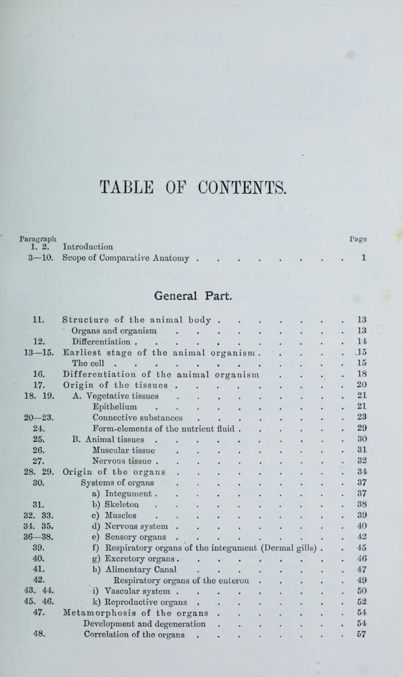 TABLE OF CONTENTS, Paragraph Page I. 2. Introduction 3—10. Scope of Comparative Anatomy 1 General Part. II. structure of the animal body ....... 13 Organs and organism 13 12. Differentiation ........... IT 13—15. Earliest stage of the animal organism ..... 15 The cell 15 16. Differentiation of the animal organism .... 18 17. Origin of the tissues 20 18. 19. A. Vegetative tissues 21 Epithelium .......... 21 20—23. Connective substances 23 24. Form-elements of the nutrient fluid 29 25. B. Animal tissues ...... .... 30 26. Muscular tissue . . . . . . . . .31 27. Nervous tissue .......... 32 28. 29. Origin of the organs ......... 34 30. Systems of organs ......... 37 a) Integument . . . . . . . . . .37 31. b) Skeleton .......... 38 32. 33. c) Muscles 39 34. 35. d) Nervous system 40 36—38. e) Sensory organs ......... 42 39. f) Kespiratory organs of the integument (Dermal gills) . . 45 40. g) Excretory organs......... 46 41. h) Alimentary Canal ........ 47 42. Kespiratory organs of the enteron ..... 49 43. 44. i) Vascular system ......... 50 45. 46. k) Reproductive organs ........ 52 47. Metamorphosis of the organs 51 Development and degeneration ....... 54 48. Correlation of the organs ........ 67