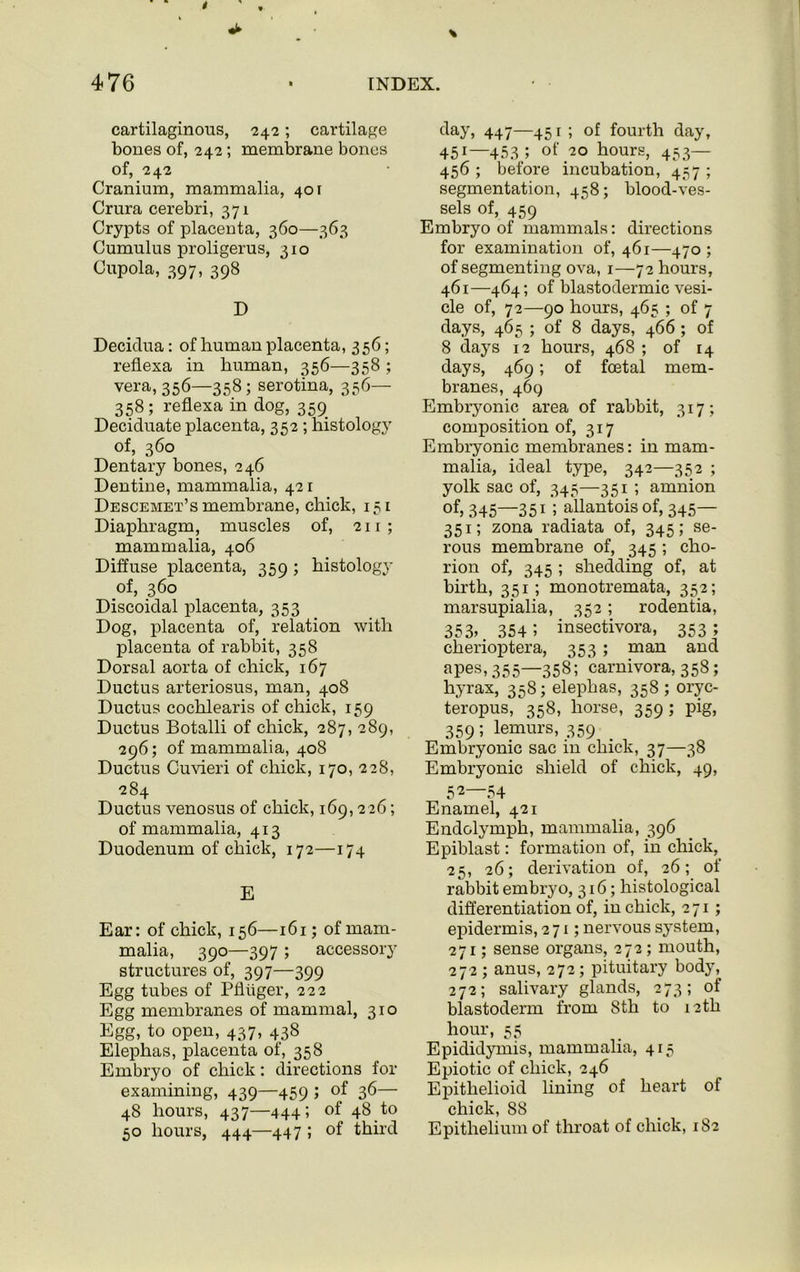 cartilaginous, 242; cartilage bones of, 242 ; membrane bones of, 242 Cranium, mammalia, 401 Crura cerebri, 371 Crypts of placenta, 360—363 Cumulus proligerus, 310 Cupola, 397, 398 D Decidua: of human placenta, 356; reflexa in human, 356—358 ; vera, 356—358 ; serotina, 356— 358; reflexa in dog, 359 Deciduate placenta, 352 ; histology of, 360 Dentary bones, 246 Dentine, mammalia, 42 r Descemet’s membrane, chick, 151 Diaphragm, muscles of, 2x1; mammalia, 406 Diffuse placenta, 359 ; histology of, 360 Discoidal placenta, 353 Dog, placenta of, relation with placenta of rabbit, 358 Dorsal aorta of chick, 167 Ductus arteriosus, man, 408 Ductus cochlearis of chick, 159 Ductus Botalli of chick, 287, 289, 296; of mammalia, 408 Ductus Cuvieri of chick, 170, 228, 284 Ductus venosus of chick, 169,226; of mammalia, 413 Duodenum of chick, 172—174 E Ear; of chick, 156—161; of mam- malia, 390—397 ; accessory structures of, 397—399 Egg tubes of Pfliiger, 222 Egg membranes of mammal, 310 Egg, to open, 437, 438 Elephas, placenta of, 358 Embryo of chick: directions for examining, 439—459 ; of 36— 48 hours, 437—444; of 48 to 50 hours, 444—447 ; of third day, 447—451 ; of fourth day, 451—453 5 of 20 hours, 453— 456 ; before incubation, 457 ; segmentation, 458; blood-ves- sels of, 459 Embryo of mammals: directions for examination of, 461—470 ; of segmenting ova, 1—72 hours, 461—464; of blastodermic vesi- cle of, 72—90 hours, 465 ; of 7 days, 465 ; of 8 days, 466; of 8 days 12 hours, 468 ; of 14 days, 469; of foetal mem- branes, 469 Embryonic area of rabbit, 317; composition of, 317 Embryonic membranes: in mam- malia, ideal type, 342—352 ; yolk sac of, 345—351 ; amnion of, 345—351 5 allantois of, 345— 351; zona radiata of, 345; se- rous membrane of, 345 ; cho- rion of, 345 ; shedding of, at birth, 351 ; monotremata, 352; marsupialia, 352; rodentia, 353» 354 > insectivora, 353; cherioptera, 353 ; man and apes, 355—358; carnivora, 358; hyrax, 358; elephas, 358 ; oryc- teropus, 358, horse, 359; pig, 359; lemurs, 359 Embryonic sac in chick, 37—38 Embryonic shield of chick, 49, 52 54 Enamel, 421 Endolymph, mammalia, 396 Epiblast: formation of, in chick, 25, 26; derivation of, 26; of rabbit embryo, 316; histological differentiation of, in chick, 271; epidermis, 271; nervous system, 271; sense organs, 272; mouth, 272 ; anus, 272; pituitary body, 272; salivary glands, 273; of blastoderm from 8tli to 12th hour, 55 Epididymis, mammalia, 415 Epiotic of chick, 246 Epithelioid lining of heart of chick, 8S Epithelium of throat of chick, 182