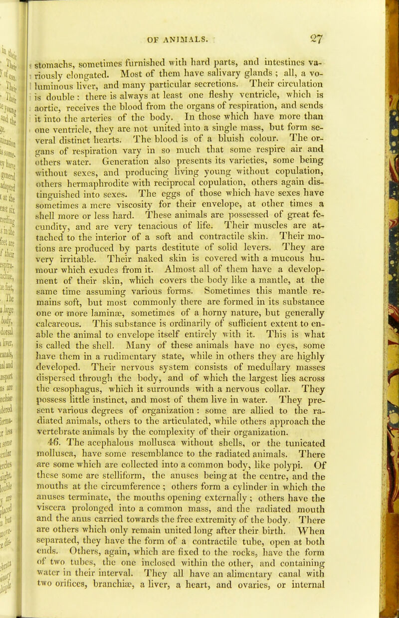 stomachs, sometimes furnished with hard parts, and intestines va- riously elongated. Most of them have salivary glands ; all, a vo- luminous liver, and many particular secretions. Their circulation is douhle: there is always at least one fleshy ventricle, which is aortic, receives the blood from the organs of respiration, and sends it into the arteries of the body. In those which have more than one ventricle, they are not united into a single mass, but form se- veral distinct hearts. The blood is of a bluish colour. The or- gans of respiration vary in so much that some respire air and others water. Generation also presents its varieties, some being without sexes, and producing living young without copulation, others hermaphrodite with reciprocal copulation, others again dis- tinguished into sexes. The eggs of those which have sexes have sometimes a mere viscosity for their envelope, at other times a shell more or less hard. These animals are possessed of great fe- cundity, and are very tenacious of life. Their muscles are at- tached to the interior of a soft and contractile skin. Their mo- tions are produced by parts destitute of solid levers. They are very irritable. Their naked skin is covered with a mucous hu- mour which exudes from it. Almost all of them have a develop- ment of their skin, which covers the body like a mantle, at the same time assuming various forms. Sometimes this mantle re- mains soft, but most commonly there are formed in its substance one or more laminae, sometimes of a horny nature, but generally calcareous. This substance is ordinarily of sufficient extent to en- able the animal to envelope itself entirely with it. This is what is called the shell. Many of these animals have no eyes, some have them in a rudimentary state, while in others they are highly developed. Their nervous system consists of medullary masses dispersed through the body, and of which the largest lies across the oesophagus, which it surrounds with a nervous collar. They possess little instinct, and most of them live in water. They pre- sent various degrees of organization : some are allied to the ra- diated animals, others to the articulated, while others approach the vertebrate animals by the complexity of their organization. 46. The acephalous mollusca without shells, or the tunicated mollusca, have some resemblance to the radiated animals. There are some which are collected into a common body, like polypi. Of these some are stellifbrm, the anuses being at the centre, and the mouths at the circumference ; others form a cylinder in which the anuses terminate, the mouths opening externally ; others have the viscera prolonged into a common mass, and the radiated mouth and the anus carried towards the free extremity of the body. There are others which only remain united long after their birth. When separated, they have the form of a contractile tube, open at both cuds. Others, again, which are fixed to the rocks, have the form of two tubes, the one inclosed within the other, and containing water in their interval. They all have an alimentary canal with two orifices, branchiae, a liver, a heart, and ovaries, or internal