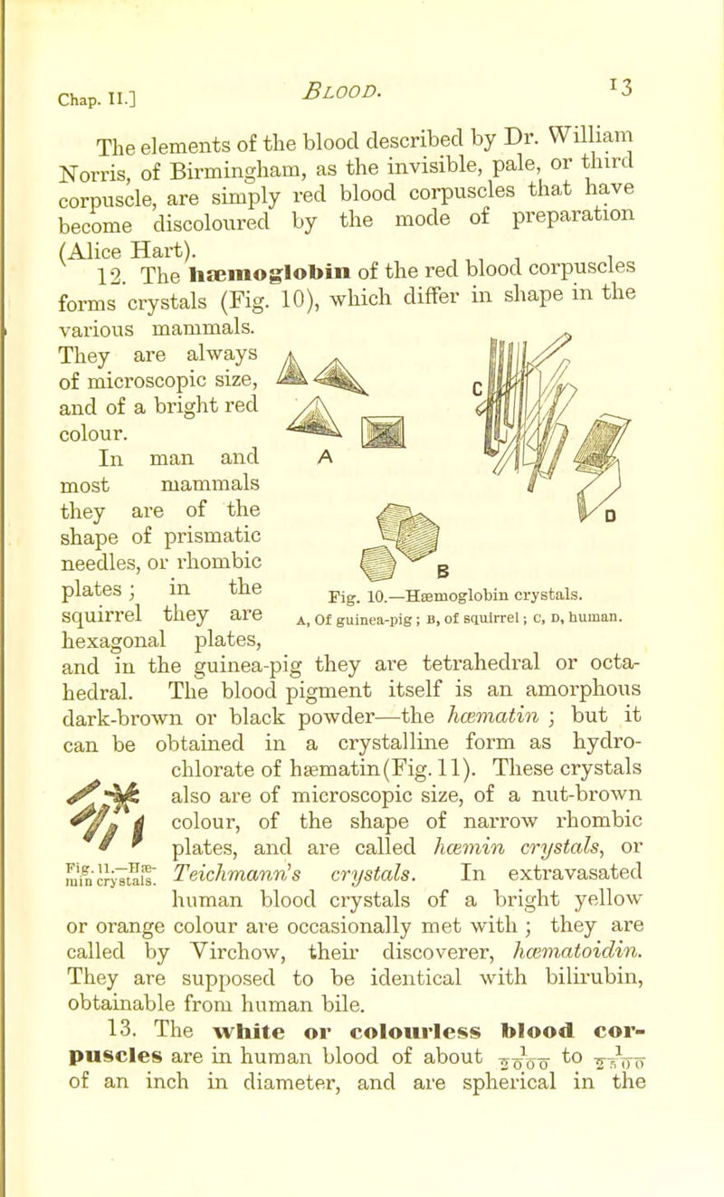 The elements of the blood described by Dr. William Norris of Birmingham, as the invisible, pale, or third corpuscle, are simply red blood corpuscles that have become discoloured by the mode of preparation (Alice Hart). , ,, 1 i 12 The lijemoglobin of the red blood corpuscles forms crystals (Fig. 10), which differ in shape in the various mammals. Fig. 10.—Hcemoglobin crystals. A, Of guinea-pig; B, of squirrel; c, D, human. They are always of microscopic size, and of a bright red colour. In man and most mammals they are of the shape of prismatic needles, or rhombic plates; in the squirrel they are hexagonal plates, and in the guinea-pig they are tetrahedral or octa- hedral. The blood pigment itself is an amorphous dark-brown or black powder—the hcematin ; but it can be obtained in a crystalline form as hydro- chlorate of hsematin(Fig. 11). These crystals also are of microscopic size, of a nut-brown colour, of the shape of narrow rhombic plates, and are called hcemin crystals, or crystals. In extravasated human blood crystals of a bright yellow or orange colour are occasionally met with ; they are called by Virchow, then- discoverer, hcematoidin. They are supposed to be identical with bilirubin, obtainable from human bile. 13. The white or colourless blood cor- puscles are in human blood of about -^-^00 ^'^ 's^inTo of an inch in diameter, and are spherical in the minJJystlit Teichmann's