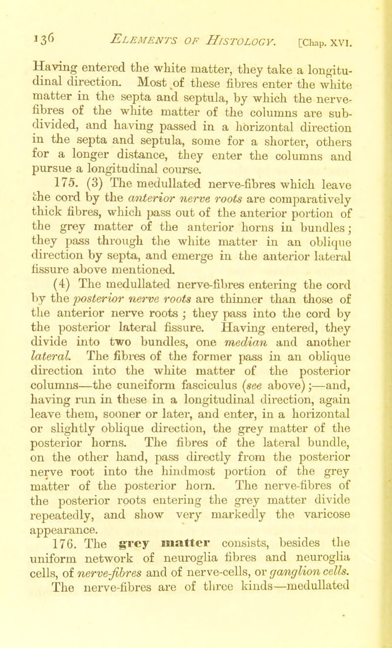 Having entered the white matter, they take a longitu- dinal direction. Most of these fibres enter the white matter in the septa and septula, by which the nerve- fibres of the wliite matter of the columns are sub- divided, and having passed in a horizontal direction in the septa and septula, some for a shorter, others for a longer distance, they enter the columns and pursue a longitudinal course. 175. (3) The medullated nerve-fibres which leave the cord by the atiterior nerve roots are comparatively thick fibres, which pass out of the anterior portion of the grey matter of the anterior horns in bundles; they pass through the white matter in an oblicpie direction by septa, and emerge in the anterior lateral fissure above mentioned. (4) The medullated nerve^fibres entering the cord by the posterior nerve roots are thinner than those of the anterior nerve roots ; they pass into the cord by the posterior lateral fissure. Having entered, they divide into two bundles, one median and another lateral. The fibres of the former pass in an oblique direction into the white matter of the posterior columns—the cuneiform fasciculus (see above);—and, having run in these in a longitudinal direction, again leave them, sooner or later, and enter, in a horizontal or slightly oblique direction, the grey matter of the posterior horns. The fibres of the lateral bundle, on the other hand, pass directly from the posterior nerve root into the hindmost portion of the grey matter of the posterior horn. The nerve-fibres of the posterior roots entering the grey matter divide repeatedly, and show very markedly the varicose appearance. 176. The grey matter consists, besides the uniform network of neuroglia fibres and neuroglia cells, of nerve-Jibres and of nerve-cells, or ganglion cells. The nerve-fibres are of three kinds—medullated