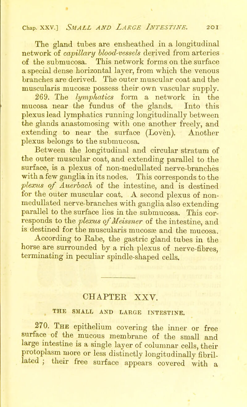 The gland tubes are ensheatlied in a longitudinal network of capillary blood-vessels deiived from arteries of the submucosa. This network forms on the surface a special dense horizontal layer, from which the venous branches are derived. The outer muscular coat and the muscularis mucosse possess their own vascular supply. 269. The lymphatics form a network in the mucosa near the fundus of the glands. Into this plexus lead lymphatics running longitudinally between the glands anastomosing with one another freely, and extending to near the surface (Loven). Another plexus belongs to the submucosa. Between the longitudinal and circular stratum of the outer muscular coat, and extending parallel to the surface, is a plexus of non-medullated nerve-branches with a few ganglia in its nodes, This corresponds to the plemis of Auerbach of the intestine, and is destined for the outer muscular coat. A second plexus of non- medullated nerve-branches with ganglia also extending parallel to the surface lies in the submucosa. This cor- responds to the plexus of Meissner of the intestine, and is destined for the muscularis mucosse and the mucosa. According to Rabe, the gastric gland tubes in the horse are surrounded by a rich plexus of nerve-fibres, terminating in peculiar spindle-shaped cells. CHAPTER XXV. THE SMALL AND LARGE INTESTINE. 270. The epithelium covering the inner or free surface of the mucous membrane of the small and large intestine is a single layer of columnar cells, their protoplasm more or less distinctly longitudinally fibril- lated ; their free surface appears covered with a