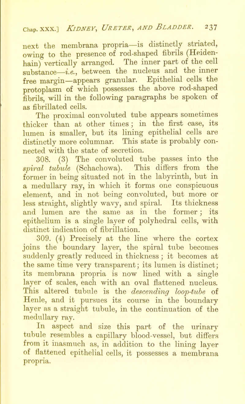next the membrana propria—is distinctly striated, owing to the presence of rod-shaped fibrils (Heiden- hain) vertically arranged. The iimer part of the cell substance—i.e., between the nucleus and the inner free margin—appears granular. Epithelial cells the protoplasm of which possesses the above rod-shaped fibrils, will in the following paragraphs be spoken of as fibrillated cells. The proximal convoluted tube appears sometimes thicker than at other times; in the first case, its lumen is smaller, but its lining epithelial cells are distinctly more columnar. This state is probably con- nected with the state of secretion. 308. (3) The convoluted tube passes into the spiral tuhide (Schachowa). This differs from the former in being situated not in the labyrinth, but in a medullary ray, in which it forms one conspicuous element, and in not being convoluted, but more or less straight, slightly wavy, and spiral. Its thickness and lumen are the same as in the former; its epithelium is a single layer of polyhedral cells, with distinct indication of fibrillation. 309. (4) Precisely at the line where the cortex joins the boundary layei', the spiral tube becomes suddenly greatly reduced in thickness ; it becomes at the same time very transparent - its lumen is distinct; its membrana propria is now lined with a single layer of scales, each with an oval flattened nucleus. This altered tubule is the descending loop-ttihe of Henle, and it pursues its course in the boundaiy layer as a straight tubule, in the continuation of the medullary ray. In aspect and size this part of the urinary tubule resembles a capillary blood-vessel, but differs from it inasmuch as, in addition to the lining layer of flattened epithelial cells, it possesses a membrana propria.