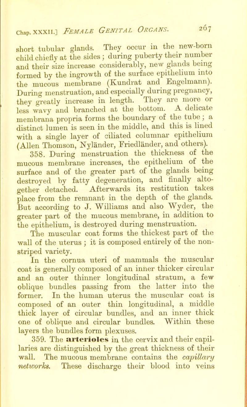 sliort tubular glands. They occur in the new-born child chiefly at the sides ; during puberty their number and their size increase considerably, new glands being formed by the ingrowth of the surface epithelium into the mucous membrane (Kundrat and Engelmann). During menstruation, and especially during pregnancy, they greatly increase in length. They are more or less wavy and branched at the bottom. A delicate membrana propria forms the boundary of the tube ; a distinct lumen is seen in the middle, and this is lined with a single layer of ciliated columnar epithelium (Allen Thomson, Nylander, Eriedlander, and others). 358. During menstruation the thickness of the mucous membrane increases, the epithelium of the surface and of the greater part of the glands being destroyed by fatty degeneration, and finally alto- gether detached. Afterwards its restitution takes place from the remnant in the depth of the glands. But according to J. Williams and also Wyder, the greater part of the mucous membrane, in addition to the epithelium, is destroyed during menstruation. The muscular coat forms the thickest part of the wall of the uterus ; it is composed entirely of the non- striped variety. In the cornua uteri of mammals the muscular coat is generally composed of an iniier thicker circular and an outer thinner longitudinal stratum, a few oblique bundles passing from the latter into the former. In the human uterus the muscular coat is composed of an outer thin longitudinal, a middle thick layer of circular bundles, and an inner thick one of oblique and circular bundles. Within these layers the bundles form plexuses. 359. The arterioles in the cervix and their capil- laries are distinguished by the great thickness of their wall. The mucous membrane contains the capillary networks. These discharge their blood into veins