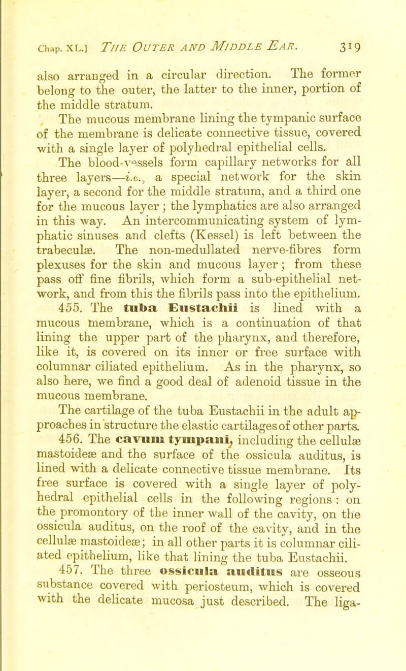 also arrauged in a circular direction. The former belong to the outer, the latter to the inner, portion of the middle stratum. The mucous membrane lining the tympanic surface of the membrane is delicate connective tissue, covered with a single layer of polyhedral epithelial cells. The blood-vessels form capillary networks for all three layers—i.e., a special network for the skin layer, a second for the middle stratum, and a third one for the mucous layer ; the lymphatics are also arranged in this way. An intercommunicating system of lym- phatic sinuses and clefts (Kessel) is left between the trabeculse. The non-medullated nerve-fibres form plexuses for the skin and mucous layer; from these pass off fine fibrils, which form a sub-epithelial net- work, and from this the fibrils pass into the epithelium. 455. The tuba 'Eiistachii is lined with a mucous membrane, which is a continuation of that lining the upper part of the pharynx, and therefore, like it, is covered on its inner or free surface with columnar ciliated epithelium. As in the pharynx, so also here, we find a good deal of adenoid tissue in the mucous membrane. The cartilage of the tuba Eustachii in the adult ap- proaches in structure the elastic cartilages of other parts. 456. The caviim tympani^ including the cellulse mastoidese and the surface of the ossicula auditus, is lined with a delicate connective tissue membrane. Its free surface is covered with a single layer of poly- hedral epithelial cells in the following regions : on the promontory of the inner wall of the cavity, on the ossicula auditus, on the roof of the cavity, and in the cellulse mastoidete; in all other parts it is columnar cili- ated epithelium, like that lining the tuba Eustachii. 457. The three ossicula auditus are osseous substance covered witb periosteum, which is covered with the delicate mucosa just described. The liga-