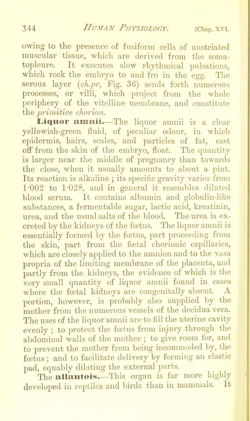 owing to the presence of fusiform cells of unstriated muscular tissue, wliicli are derived from the soma- topleure. It executes slow rhythmical pulsations, which rock the embryo to and fro in the egg. The serous layer (cA.pr, Fig. 36) sends forth numerous processes, or villi, which project from the whole periphery of the vitelline membrane, and constitute the 2}7imiiive chorion. L.iquoi- anmiii.—The liquor amnii is a clear yellowish-green fluid, of peculiar odour, in which epidermis, hairs, scales, and particles of fat, cast off from the skin of the embryo, float. The quantity is larger near the middle of pregnancy than towards the close, when it usually amounts to about a prut. Its reaction is alkaline ; its specific gravity varies from 1002 to 1'028, and in general it resembles diluted blood serum. It contains albumin and globulin-like substances, a fermentable sugar, lactic acid, kreatinin, urea, and the usual salts of the blood. The urea is ex- creted by the kidneys of the foetus. The liquor aranii is essentially formed by the foetus, part proceeding from the skin, part from the foetal chorionic capillaries, which are closely applied to the amnion and to the vasa propria of the limiting membrane of the placenta, and partly from the kidneys, the evidence of which is the very small quantity of liquor amnii found in cases where the fretal kidneys are congenitally absent. A portion, however, is probably also supplied by the mother from the numerous vessels of the decidua vera. The uses of the liquor amnii are to fill the uterine cavity evenly ; to protect the frotus from injury through the abdominal walls of the mother; to give room for, and to prevent the mother from being incommoded by, the foetus; and to facilitate delivery by forming an elastic pad, equably dilating the external parts. The allaiitois.—This organ is far more liighly developed in reptiles and birds than in mammals. It