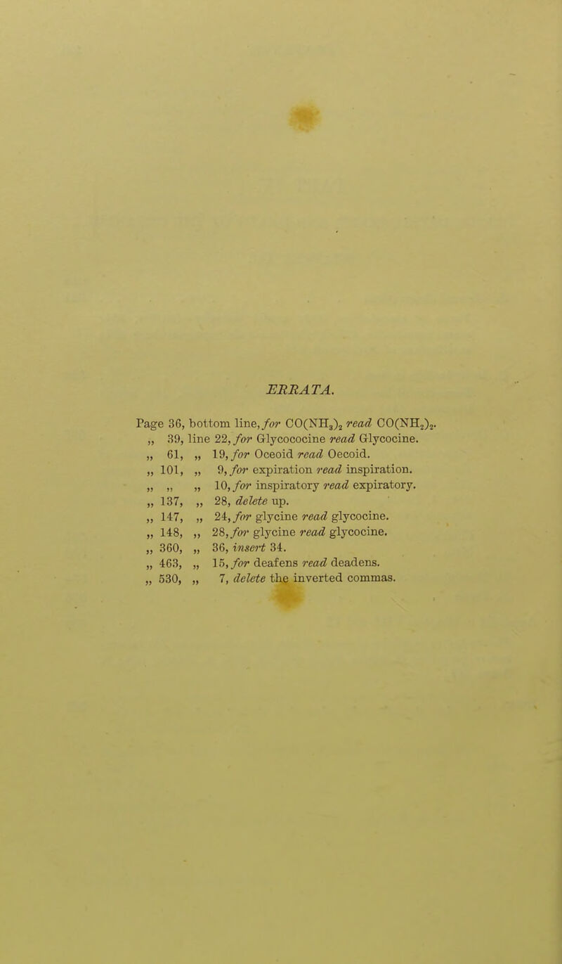 ERRATA. Page 36, bottom line,/or COCNHa)^ read COCNHj)^. „ 39, line 22, for Glycococine read Glycocine. „ 61, „ 19,/or Oceoid rm<Z Oecoid. „ 101, „ 9,/or expiration inspiration. „ „ „ 10,/or inspiratory rea<^ expiratory. „ 187, „ 28, delete up. „ 147, „ 24,/or glycine rm<^ glycocine. „ 148, „ 28,/o?' glycine read glycocine. „ 360, „ 36, inseH 34. „ 463, „ 15, for deafens read deadens. „ 530, „ 7, delete the inverted commas.