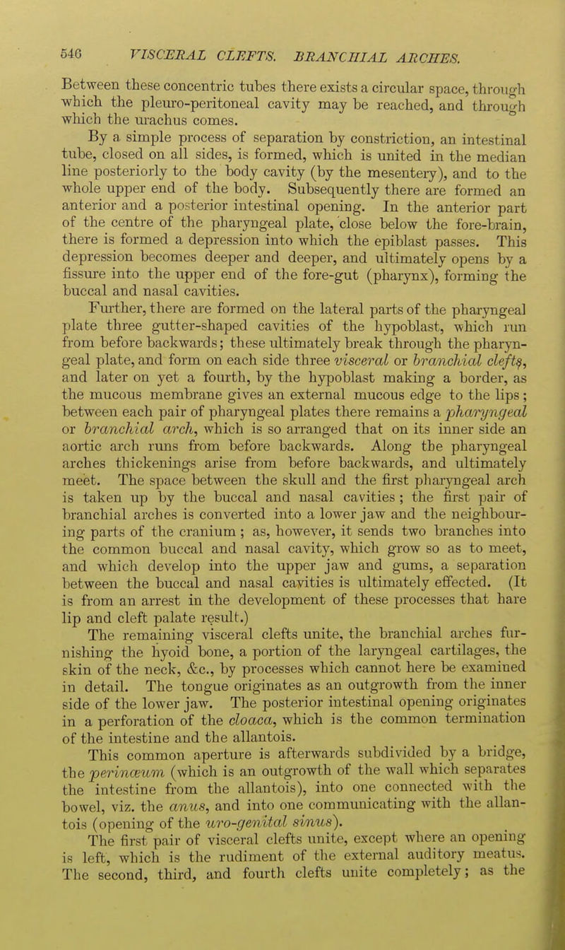 54G VISCERAL CLEFTS. BRANCHIAL ARCHES Between these concentric tubes there exists a circular space, through which the pleuro-peritoneal cavity may be reached, and through which the urachus comes. ^ By a, simple process of separation by constriction, an intestinal tube, closed on all sides, is formed, which is united in the median line posteriorly to the body cavity (by the mesentery), and to the whole upper end of the body. Subsequently there are formed an anterior and a posterior intestinal opening. In the anterior part of the centre of the pharyngeal plate, close below the fore-brain, there is formed a depression into which the epiblast passes. This depression becomes deeper and deeper, and ultimately opens by a j&ssure into the upper end of the fore-gut (pharynx), forming the buccal and nasal cavities. Further, there are formed on the lateral parts of the pharyngeal plate three gutter-shaped cavities of the hypoblast, which run from before backwards; these ultimately break through the pharyn- geal plate, and form on each side three visceral or branchial cleft§, and later on yet a fourth, by the hypoblast making a border, as the mucous membrane gives an external mucous edge to the lips; between each pair of pharyngeal plates there remains a phalangeal or branchial arch, which is so arranged that on its inner side an aortic arch rims from before backwards. Along the pharyngeal arches thickenings arise from before backwards, and ultimately meet. The space between the skull and the first jDliaryngeal arch is taken up by the buccal and nasal cavities ; the first pair of branchial arches is converted into a lower jaw and the neighbour- ing parts of the cranium ; as, however, it sends two branches into the common buccal and nasal cavity, which grow so as to meet, and which develop into the upper jaw and gums, a separation between the buccal and nasal cavities is ultimately effected. (It is from an arrest in the development of these processes that hare lip and cleft palate result.) The remaining visceral clefts unite, the branchial arches fur- nishing the hyoid bone, a portion of the laryngeal cartilages, the skin of the neck, &c., by processes which cannot here be examined in detail. The tongue originates as an outgrowth from the inner side of the lower jaw. The posterior intestinal opening originates in a perforation of the cloaca, which is the common termination of the intestine and the allantois. This common aperture is afterwards subdivided by a bridge, the perinceum (which is an outgrowth of the wall which separates the intestine from the allantois), into one connected with the bowel, viz. the anus, and into one communicating with the allan- tois (opening of the uro-genital sinus). The first pair of visceral clefts unite, except where an opening is left, which is the rudiment of the external auditory meatus. The second, third, and fourth clefts unite completely; as the