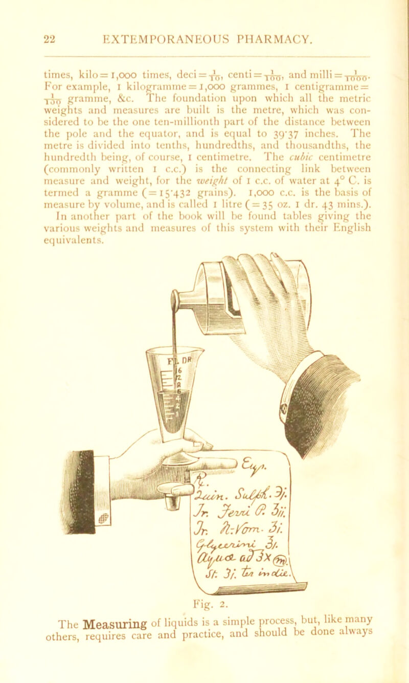 times, kilo = i,ooo times, deci = y£5, cent^-j^, and milli = TjyCrs. For example, I kilogramme = J,ooo grammes, I centigramme = yjyy gramme, &c. The foundation upon which all the metric weights and measures are built is the metre, which was con- sidered to be the one ten-millionth part of the distance between the pole and the equator, and is equal to 39‘37 inches. The metre is divided into tenths, hundredths, and thousandths, the hundredth being, of course, i centimetre. The cubic centimetre (commonly written I c.c.) is the connecting link between measure and weight, for the weight of I c.c. of water at 40 C. is termed a gramme ( = 15'432 grains). 1,000 c.c. is the basis of measure by volume, and is called 1 litre ( = 35 oz. 1 dr. 43 mins.). In another part of the book will be found tables giving the various weights and measures of this system with their English equivalents. Fig. 2. The Measuring of liquids is a simple process but, like many others, requires care and practice, and should be done always