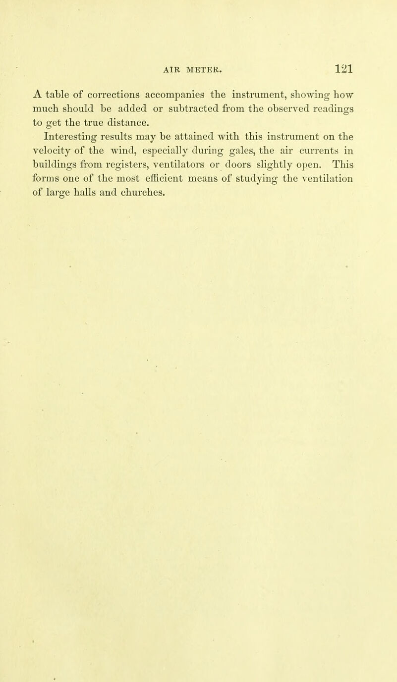 A table of corrections accompanies the instiniment, showing bow much should be added or subti'acted from the observed readings to get the true distance. Interesting results may be attained with this instrument on the velocity of the wind, especially during gales, the air currents in buildings from registers, ventilators or doors slightly 0]>en. This forms one of the most efficient means of studying the ventilation of large halls and churches.