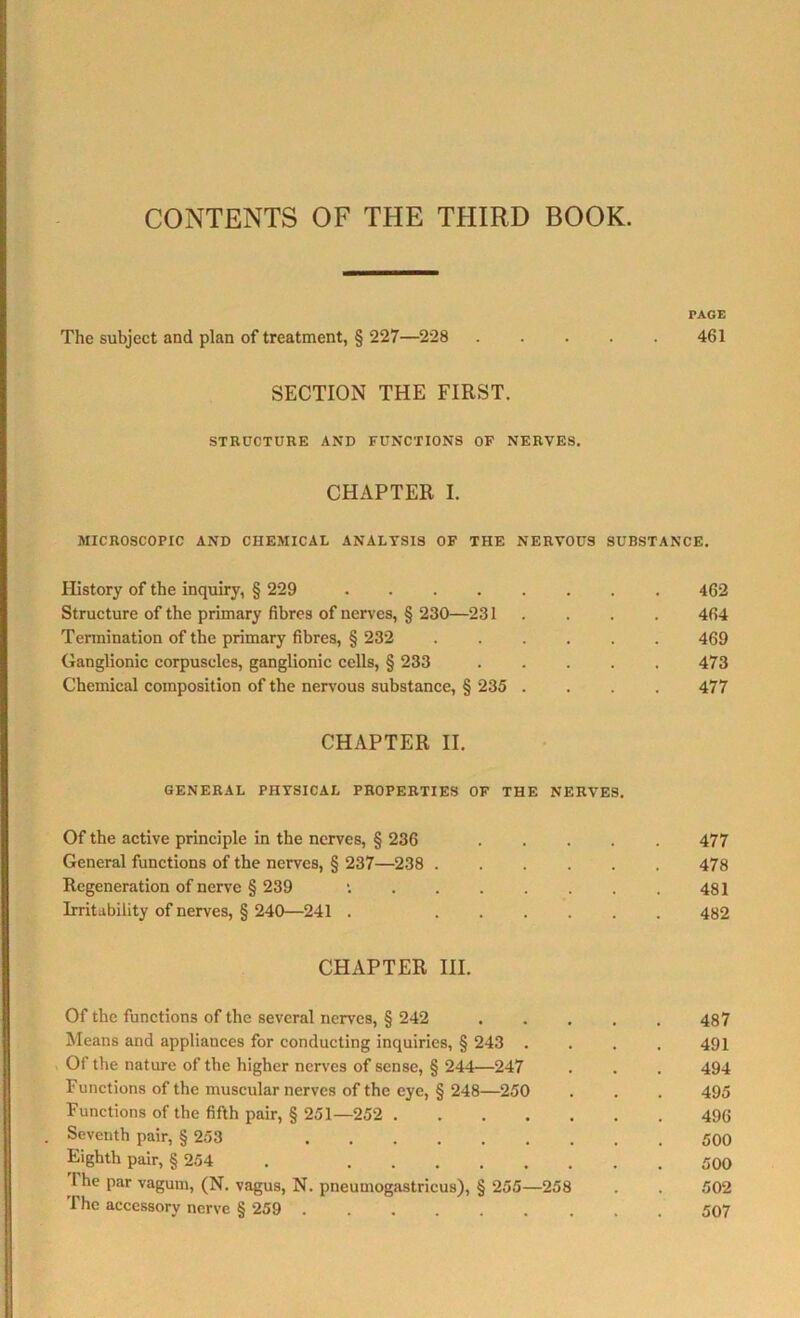 PAGE The subject and plan of treatment, § 227—228 461 SECTION THE FIRST. STRUCTURE AND FUNCTIONS OF NERVES. CHAPTER I. MICROSCOPIC AND CHEMICAL ANALYSIS OF THE NERVOUS SUBSTANCE. History of the inquiry, § 229 462 Structure of the primary fibres of nerves, § 230—231 464 Termination of the primary fibres, § 232 469 Ganglionic corpuscles, ganglionic cells, § 233 473 Chemical composition of the nervous substance, § 235 .... 477 CHAPTER II. GENERAL PHYSICAL PROPERTIES OF THE NERVES. Of the active principle in the nerves, § 236 477 General functions of the nerves, § 237—238 478 Regeneration of nerve § 239 *. 481 Irritability of nerves, § 240—241 . 482 CHAPTER III. Of the functions of the several nerves, § 242 487 Means and appliances for conducting inquiries, § 243 .... 491 Of the nature of the higher nerves of sense, § 244—247 . . . 494 Functions of the muscular nerves of the eye, § 248—250 . . . 495 Functions of the fifth pair, § 251—252 496 . Seventh pair, § 253 500 Eighth pair, § 254 . 500 1 he par vagum, (N. vagus, N. pneumogastricus), § 255—258 . . 502 The accessory nerve § 259 507