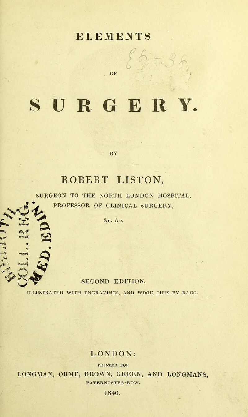 ELEMENTS o OF SURGERY. BY ROBERT LISTON, SURGEON TO THE NORTH LONDON HOSPITAL, PROFESSOR OF CLINICAL SURGERY, a s &c. &c. SECOND EDITION, ILLUSTRATED WITH ENGRAVINGS, AND WOOD CUTS BY BAGG. LONDON: PRINTEB FOR LONGMAN, ORME, BROWN, GREEN, AND LONGMANS, PATERNOSTER-ROW. 1840.