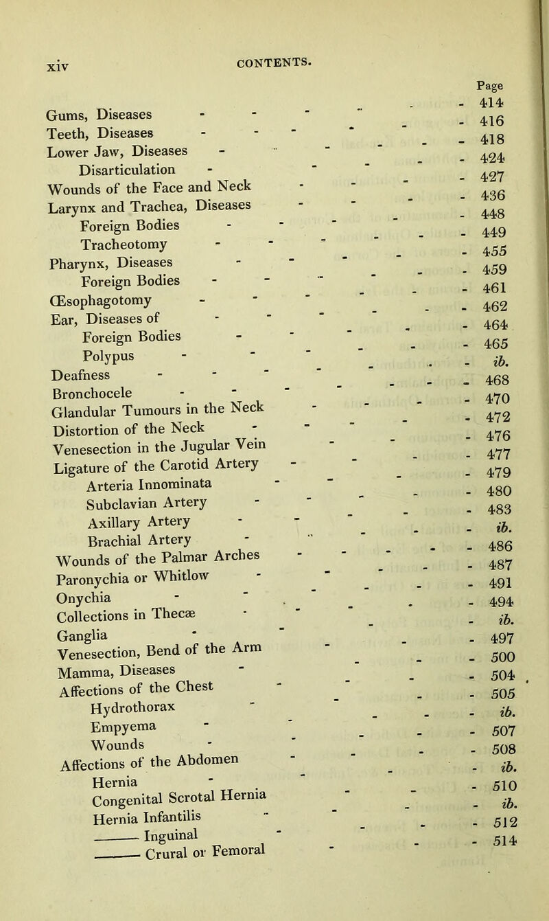 Page - 414 Gums, Diseases - - ' - 416 Teeth, Diseases - - ‘ *  _418 Lower Jaw, Diseases _ • - ^ Disarticulation - ' * _ Wounds of the Face and Neck - - ‘ ' Larynx and Trachea, Diseases -  Foreign Bodies - - ‘ ' _ Tracheotomy - - ' . 455 Pharynx, Diseases - “ ” _ Foreign Bodies - - ' * - 461 CEsophagotomy - - ' ' _ _ ^g2 Ear, Diseases of - - ‘ ‘ ^ Foreign Bodies - ‘ - 465 . ib. Deafness - - ‘ ' ... 468 Bronchocele - ‘ ‘ Glandular Tumours in the Neck - ^ Distortion of the Neck ~ ~ ~ ^ Venesection in the Jugular Vein ■ ^ Ligature of the Carotid Artery - ^ Arteria Innominata -  _ Subclavian Artery - ' ' _ ‘ .483 Axillary Artery - - ' ‘ _ . ib. Brachial Artery - ’ ^ _ ^gg Wounds of the Palmar Arches ^ ^ Paronychia or Whitlow - ^ ^ Onychia * ' , _ 4,94, Collections in Thecae ■ ' ^ Ganglia 1 a ’ . - - 497 Venesection, Bend of the Arm ^ ^ ^ Mamma, Diseases  _ 5Q4 Affections of the Chest - ^ Hydrothorax ' ' ib. Empyema - ' _ _ Wounds ' ' _ _ 503 Affections of the Abdomen - _ Hernia ' _ . 510 Congenital Scrotal Hernia ^ ^ Hernia Infantilis  . - 512 -Inguinal - ‘ _ _ Crural or Femoral