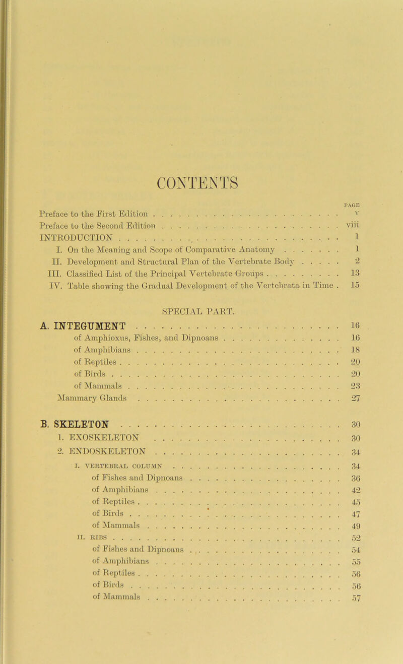 CONTENTS PAGE I’reface to the First Edition Preface to the Second Edition viii INTRODUCTION , 1 I. On the Meaning and Scope of Comparative Anatomy 1 II. Development and Structural Plan of the Vertebrate Body '2 III. Classified List of the Principal Vertebrate Groups 13 IV. Table shoAving the Gradual Development of the Vertebrata in Time . 15 SPECIAL PART. A. INTEGUMENT ifi of Amphioxus, Fishes, and Dipnoans 16 of Amphibians 18 of Reptiles 20 of Birds 2() of Mammals . . 23 Mammary Glands 27 B. SKELETON 30 1. EXOSKELETON 30 2. ENDOSKELETON 34 I. VKRTKBKAL COLUMN 34 of Fishes and Dipnoans 36 of Amphibians 42 of Reptiles 45 of Birds 47 of Mammals 49 n. RIBS of Fi.shes and Dipnoans of Amphibians . . . . of Reptiles of Birds of Mammals 54 55 56 56 57