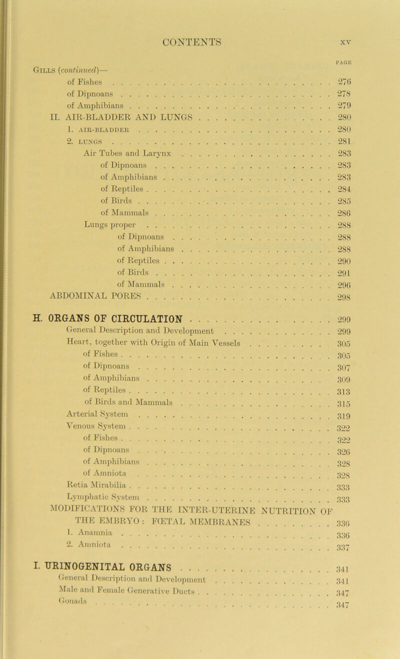 PAGE Gills (continued)— of Fishes 276 of Dipnoans 278 of Amphibians 279 II. AIR-BLADDER AND LUNGS 280 1. -AIR-BLADDER 280 2. LDXGS 281 Air Tubes and Lai'3'nx 283 of Dipnoans 283 of Amphibians 283 of Reptiles 284 of Birds 285 of ^Mammals 286 Lungs proper 288 of Dipnoans 288 of Amphibians 288 of Reptiles 290 of Birds 291 of Mammals 296 ABDOMINAL PORES 298 H. ORGANS OF CIRCULATION General Deserijition and Development .... Heart, together with Origin of Main Vessels of Fishes of Dipnoans of Amphibians of Reptiles of Birds and Mammals Arterial Sj'stem Venous Sj’stem of Fishes of Dipnoans of Amphibians of Amniota Retia Mirabilia Ljinpliatic Sj'.stem MODIFICATIONS Ff)R THE INTER-UTERINE THE EMBRYO: FfETAL MEMBRANES 1. Anamnia 2. Amniota NUTRITION OF 299 299 305 305 307 309 313 315 319 322 322 326 328 328 333 333 33() 336 337 I. URINOGENITAL ORGANS . . . General Descrijition and Develoj)inent -Male and Female Generative Ducts . Gonads 341 341 347 347