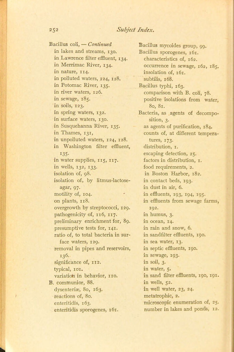 Bacillus coli, — Continued in lakes and streams, 130. in Lawrence filter effluent, 134. in Merrimac River, 134. in nature, 114. in polluted waters, 124, 128. in Potomac River, 135. in river waters, 126. in sewage, 185. in soils, 123. in spring waters, 132. in surface waters, 130. in Susquehanna River, 135. in Thames, 131, in unpolluted waters, 124, 128. in Washington filter effluent, 135- in water supplies, 115, 117. in wells, 132, 133. isolation of, 98. isolation of, by litmus-lactose- agar, 97. motility of, 104. on plants, 118. overgrowth by streptococci, 129. pathogenicity of, 116, 117. preliminary enrichment for, 89. presumptive tests for, 141. ratio of, to total bacteria in sur- face waters, 129. removal in pipes and reservoirs, 136. significance of, 112. typical, 101. variation in behavior, no. B. communior, 88. dysenteriae, 80, 163. reactions of, 80. enteritidis, 163. enteritidis sporogencs, 161. Bacillus mycoides group, 99. Bacillus sporogenes, 161. characteristics of, 162. occurrence in sewage, 162, 185. insolation of, 161. subtilis, 168. Bacillus typhi, 163. comparison with B. coli, 78. positive isolations from water, 80, 81. Bacteria, as agents of decompo- sition, 3. as agents of purification, 184. counts of, at different tempera- tures, 173. distribution, 1. escaping detection, 25. factors in distribution, r. food requirements, 2. in Boston Harbor, 182. in contact beds, 193. in dust in air, 6. in effluents, 193, 194, 195. in effluents from sewage farms, 192. in humus, 3. in ocean, 14. in rain and snow, 6. in sandfilter effluents, 190. in sea water, 13. in septic effluents, 190. in sewage, 193. in soil, 3. in water, 5. in sand filter effluents, 190, 191. in wells, 52. in well water, 23, 24. metatrophic, 2. microscopic enumeration of, 25. number in lakes and ponds, 12.