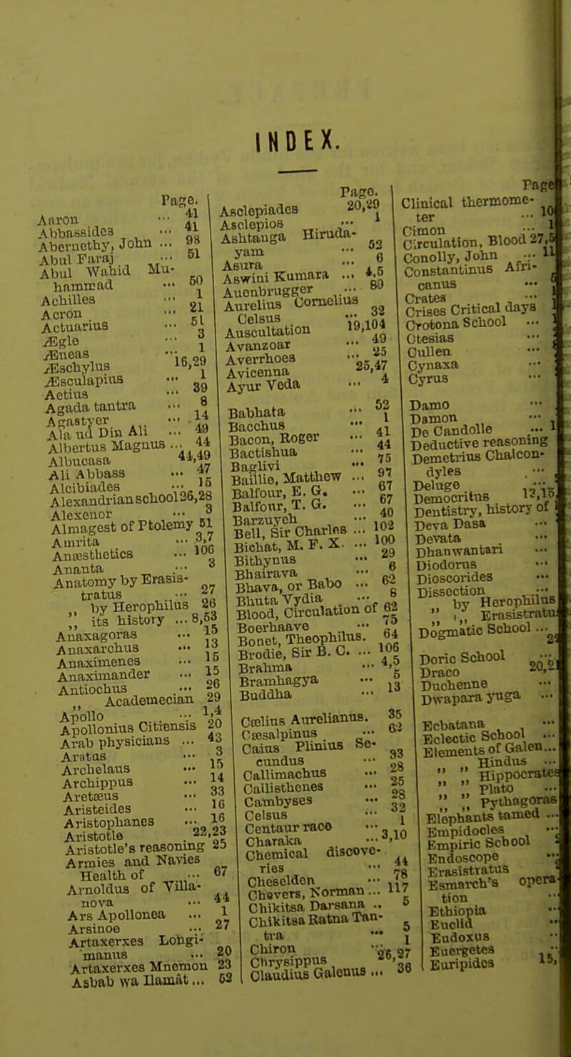 IHDEX. Ani'on ••• A Abbassidea ••■ ^ Abei'oothy, Jolia ... > AbulFaraj •■• - Abul Wahid Mu- hamirad Achillea Acron Actuarius ./Egle jBneas /Eachylua ^sculapins Aetiua ••• „ Agadatantra ■•• ° Ala ud Din Ah ... f> Albertus Magnus... 41 Albucasa '■^>*^ All Abbasa — *' Alcibiades ..• '» A lexaudrian sohoolSb.^B Alcxenor -. ° Almageat of Ptolemy 51 Ami'ita Aiia3stUetios Ananta _ Anatomy by Erasis- tratus by Herophilus its history ... f Anaxagoras Anaxarohxis Auaxiinenea Anaxhnander Antiochiis „ Academecian -- ApoUo I'* ApollOBius Citiensis 20 Arab physicians ... «^ AratoB ••• ,^ Arohelaus ••• Arohippus ••• i« Aretaeus ••• Aristeides ... Aristophanes ... l» Aristotle . 22,2J Aristotle's reasonmg 25 Armies and Navies Health ot ••• Arnoldus of ViUa- nova ArsApoUonoa Arsinoe Artaxerxes Longi- mamis iArtaxerxes Mnomou Asbab wa UomiU... Pago. Asclepiades ^>^°. Asclepios ••• Ashtanga Biruda- yam ••• J Aaura ••• , - AswiniKumara ... *.& Auonbriigger .■■ »^ Aiueliua Cornelius Gelsus _ ••• Auscultation Avanzoar ••• f.. Averrhoea ••• * Avicenna Ayui- Veda 52 Babhata ••• j Bacchus — Bacon, Roger ■•■ » Bactishua ••• Baglivi , • Q« Baillie, Matthew ... «t Balfoiu-, E. G. .•■ Balfour, T.G. .-■ Barzuyeh ••• Bell, Sir CharlfiS ... 10^ Bichat, M. F. X. ... 100 Bithynus ••• *g Bhairava — Bhava, or Babo ... »- BhutaVydia .•• » Blood, Circulation of 63 Boerhaave ••• ' Boiiet, Theophilus. bi Brodie, Sir B. C. ... 105 Brahma ••• '>i Bramhagya — ° Buddha Page I Clinical thermome- • ter ■■ I*** Cimon ^, ■.■ Circulation, Blood M, 67 Caslins AureUanns. S5 Oa5salpinus _ — Gains PliniuB Se- cundus ••• „a Callimachus ••• J Callistheues - S= Cambyses ••• ~° Celsus ••■ 1 Centaur raoo '■■^m Charaka - ^-l Chemical disoovo- Tics ■•' M Cheselden - , ; Chsvers, >ormfln... Chikitsa Darsan^ .. » ChikitsaKatnaTfln- ^ tra ••• J Chiron or Clirvsippus, '''a Claudius Galcnus ,., J« ConolTy,john .-  ConstantinuB Airi canus Crates . ■•• ; Crises Critical days Crotona School Ct«8ias Cull en Cynaxa Cyrus Damo Damon De CandoUe Deductive reasoning Demetrius Chalcon- dyles Deluge ••■ DemocntuB Dentisti-y, history of Deva Dasi Devata Dhanwantari Diodoms Dioscorides Dissection ••• bv Herophilus  .,, Ernsistratn Dogmktic School ...^ Doric School - -^ Draco Duohenne Dwapaxa yuga Ecbatana • Eclectic School . Elements of Galen. Hindus ;' Hippocrates Plato   pythagoraa Elephants tamed ... Empidocles ••• Empiric School Endoscope Erasisttatus Esmai-ch's opera tion Ethiopia Euclid Eudoxus Euergetcs Euripides