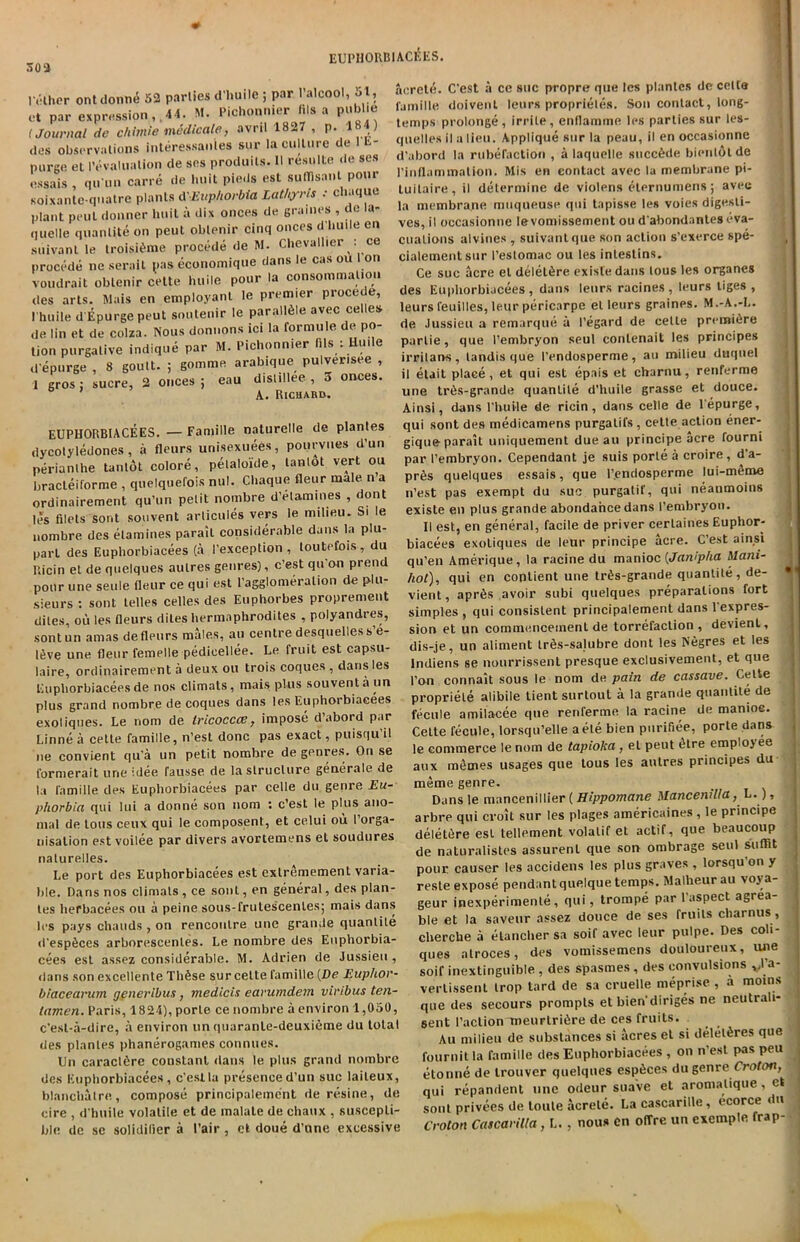 EUPHORBIACEES. Pother ontdonn<5 52 parlies d'huile ; par l’alcool, 51, et par expression, .44. M. Plohonnier fils a publie (Journal de chimie medicate, avril 1827 , p. -1 > des observations interessanles sur la culture de purge et revaluation de ses produits. II resulte de ses essais , qu'iui carre de huit pieds esl sulBsant pour soixante quatre plants d'Euphorbia Lathyris : cliaque plant peul donner Unit a dix onces de grames , de la- (]tielle quantite on peut obtenir cinq onces d huiccn snivanl le troisiOme procede de M. Chevallier.ee precede ne serait pas economique dans le cas ou I on voudrait obtenir celte huile pour la consommaliou des arts. Mais en employanl le premier procede, I huile d'Epurge peut soutenir le parallfile avec celles de lin et de colza. Nous donnons ici la formule de po- tion purgative indique par M. Pichonnier r.ls : Hu.le d’epurge , 8 goutt. ; gomme arabique pulverisee , 1 gros : sucre, 2 onces ; eau dislillee , 3 onces. A. Richard. EUPHORBIACEES. — Famille naturelle de plantes dycolyledones , a fleurs unisexuees, pourvues d’un perianlhe tantot colore, petaloide, tantot vert ou bracleiforme , quelquefois nul. Cliaque fleur male n a ordinairement qu’un petit nombre d’elamines , dont les filets sont souvent arlicules vers le milieu. Si le nombre des elamines parail considerable dans la plu- parl des Euphorbiacees (a I’exception , loutefois, du Uicin et de quelques aulres genres), e’est qu an prend pour une seule (leur ce qui est l’agglomeration de plu- sieurs : sont lelles celles des Euphorbes proprement dites, ou les fleurs diles hermaphrodites , polyandres, sontun amas de fleurs males, an centre desquelles s’e- l£ve une fleur femelle pedicellee. Le fruit est capsu- laire, ordinairement a deux ou trois coques , dans les Eupliorbiacees de nos climats, mais plus souventaun plus grand nombre de coques dans les Euphorbiacees exoliques. Le nom de tricoccas, impose d’abord par Linne a celte famille, n’est done pas exact, puisqu’il ne convient qu’a un petit nombre de genres. On se form era it une idee fausse de la structure generale de la famille des Euphorbiacees par celle du genre Eu- phorbia qui lui a donne son nom : e’est le plus ano- mal de tons ceux qui le composent, et celui ou l’orga- nisalion est voilee par divers avortemens et soudures naturelles. Le port des Euphorbiacees est extremement varia- ble. Dans nos climats , ce sont, en general, des plan- les hefbacees ou a peine sous-frutescentesj mais dans les pays chauds, on renconLre une grande quantile d'esp6ces arborescenles. Le nombre des Euphorbia- cees est assez considerable. M. Adrien de Jussieu, dans son excellente Th£se sur celte famille (De Euphor• biacearum generibus, medicis earumdem virlbus ten- lamen. Paris, 1824),porte ce nombre a environ 1,050, e’est-a-dire, a environ un quaranle-deuxieme du total des plantes phanerogames counties. Un caract6re constant dans le plus grand nombre des Euphorbiacees, e’est la presenced’un sue laileux, blanchatre, compose principalement de resine, de cire , d'huile volatile et de malale de chaux , suscepti- ble de se solidilier a Pair, ct doue d’une excessive iicrele. C’est a ce sue propre que les plantes de cette famille doivenl leurs proprietes. Son contact, long- temps prolonge, irrile, enflamme les parties sur les- quelles il a lieu. Applique sur la peau, il en occasionne d’abord la rubefaction , a laquelle succ&de bientolde rinflammalion. Mis en contact avec la membrane pi- luilaire, il determine de violens eternumens; avec la membrane muqueuse qui tapisse les voies digesti- ves, il occasionne le vomissement ou d'abondantes eva- cuations alvines , suivantque son action s’exerce spe- cialementsur l’estomac ou les inlestins. Ce sue acre et delel6re existedans tous les organes des Euphorbiacees, dans leurs racines, leurs liges , leurs feuilles, leur pericarpe el leurs graines. M.-A.-L. de Jussieu a remarque a 1’egard de celte premiere partie, que l’embryon seul conlenait les principes irrilans, landis que I’endosperme, au milieu duquel il elait place, et qui est epais et charnu, renferme une trOs-grande quantile d’huile grasse et douce. Ainsi, dans 1’huHe de ricin, dans celle de l'epurge, qui sont des medicamens purgalifs , cette action ener- giqueparait uniquement due au principe acre fourni par I’embryon. Cependant je suis porte a croire, d’a- pr6s quelques essais, que I’.endosperme lui-m^me n’est pas exempt du sue purgatif, qui neanmoins existe en plus grande abondahee dans I’embryon. Il est, en general, facile de priver cerlaines Euphor- biacees exoliques de leur principe acre. C’est ainsi qu’en Amerique, la racine du manioc (Janipha Mani- hot), qui en conlient une tr6s-grande quantile, de- vient, apr6s avoir subi quelques preparations fort simples , qui consistent principalement dans 1 expres- sion et un commencement de torrefaclion , devienl, dis-je, un aliment tr^s-salubre dont les Negres et les Indiens se nourrissent presque exclusivement, et que 1’on connait sous le nom de pain de cassave. Celte propriele alibile tient surtout a la grande quantite de fecule amilacee que renferme la racine de manioc. Cette fecule, lorsqu’elle aele bien purifiee, porte dans le commerce le nom de tapioka , el peut <Hre employee aux mStnes usages que tous les autres principes du meme genre. Dans le mancenillier ( Hippomane Mancenilla, L.), arbre qui emit sur les plages americaines , le principe deletfire esl tenement volalif et actif, que beaucoup de naturalistes assurenl que son ombrage seul soffit pour causer les accidens les plus graves , lorsqu on y reste expose pendant quelque temps. Malheur au voya- geur inexperimente , qui, trompe par 1 aspect agrea ble et la saveur assez douce de ses fruits charnus, elierche a etanclier sa soif avec leur pulpe. Des coli- ques atroces, des vomissemens douloureux, uiie soif inextinguible , des spasmes , des convulsions vl’a- verlissent trop tard de sa cruelle meprise , a moins que des secours prompts et bien'diriges ne neutrali- sent Paction meurtrifere de ces fruits. Au milieu de substances si acres el si delel^res que fournit la famille des Euphorbiacees , on n’est pas peu etonne de trouver quelques esp&ces du genre Croton, qui repandent une odeur suave et aromalique, ct sont privees de toule acrele. La cascarille, ecorce du Croton Cascarilta , L. , nous en offre un exempte frap- ■