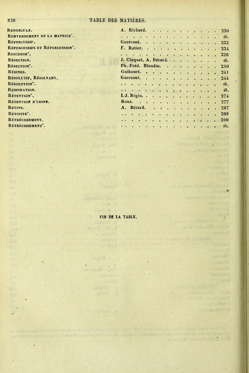 Renoncule. A. Richard . 220 ReNVERSEMENT DE LA MATRICB*. i()% Reperccssif. Guersant 222 Repercdssifs et Repercussion*; F. Ralier 224 Rescision*. . . . 226 Resection. J. Cloquet, A. BerarJ Resection*. Ph.-Fred. Blandin 230 Resines. Guibourt. . . . , . 241 Resolutif, Resolvant. Guersant . 244 Resorption*. ib. Respiration. i . ib. Retention*. L-J. Begin 274 Retention d'urine. Roux Ill Retine. A. Berard. . ; 287 Retinite*. 289 Retrjkcissement. 290 Retrecissement*. ibi FIN DE LA TABLE.