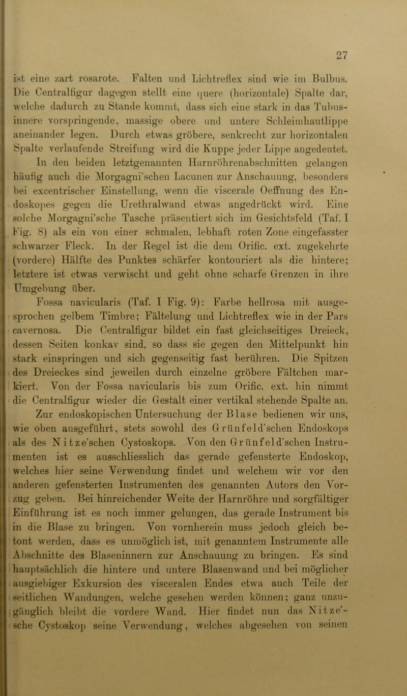 ist eine zart rosarote. Falten und Liclitreflex sind wie im Bulbus. Die Centralfigur dagegen stellt eine quere (horizontale) Spalte dar, welche dadurch zu Stande kommt, dass sich eine stark in das Tubus- innere vorspringende, massige obere und untere Schleimhautlippe aneinander legen. Durch etwas gröbere, senkrecht zur horizontalen Spalte verlaufende Streifung wird die Kuppe jeder Lippe angedeutet. In den beiden letztgenannten Harnröhrenabschnitten gelangen häufig auch die Morgagni’sehen Lacunen zur Anschauung, besonders bei excentrischer Einstellung, wenn die viscerale Oeffnung des En- doskopes gegen die Urethralwand etwas angedrückt wird. Eine solche Morgagni’sclie Tasche präsentiert sich im Gesichtsfeld (Taf. I Fig. 8) als ein von einer schmalen, lebhaft roten Zone eingefasster schwarzer Fleck. In der Regel ist die dem Orific. ext. zugekehrte (vordere) Hälfte des Punktes schärfer kontouriert als die hintere; letztere ist etwas verwischt und geht ohne scharfe Grenzen in ihre Umgebung über. Fossa navicularis (Taf. I Fig. 9): Farbe hellrosa mit ausge- sprochen gelbem Timbre; Fältelung und Lichtreflex wie in der Pars cavernosa. Die Centralfigur bildet ein fast gleichseitiges Dreieck, dessen Seiten konkav sind, so dass sie gegen den Mittelpunkt hin stark einspringen und sich gegenseitig fast berühren. Die Spitzen des Dreieckes sind jeweilen durch einzelne gröbere Fältchen mar- kiert. Von der Fossa navicularis bis zum Orific. ext. hin nimmt die Centralfigur wieder die Gestalt einer vertikal stehende Spalte an. Zur endoskopischen Untersuchung der Blase bedienen wir uns, wie oben ausgeführt, stets sowohl des Grünfeld’sehen Endoskops als des Nitze’schen Cystoskops. Von den Grünfeld’schen Instru- menten ist es ausschliesslich das gerade gefensterte Endoskop, welches hier seine Verwendung findet und welchem wir vor den anderen gefensterten Instrumenten des genannten Autors den Vor- zug geben. Bei hinreichender Weite der Harnröhre und sorgfältiger Einführung ist es noch immer gelungen, das gerade Instrument bis in die Blase zu bringen. Von vornherein muss jedoch gleich be- tont werden, dass es unmöglich ist, mit genanntem Instrumente alle Abschnitte des Blaseninnern zur Anschauung zu bringen. Es sind hauptsächlich die hintere und untere Blasenwand und bei möglicher ausgiebiger Exkursion des visceralen Endes etwa auch Teile der seitlichen Wandungen, welche gesehen werden können; ganz unzu- gänglich bleibt die vordere Wand. Hier findet nun das Nitze’- sclie Cystoskop seine Verwendung, welches abgesehen von seinen