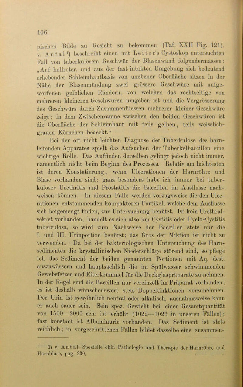 pischen Bilde zu Gesicht zu bekommen (Taf. XXII Fig. 121). v. Antal1) beschreibt einen mit Le i te r’s Cystoskop untersuchten Fall von tuberkulösem Geschwür der Blasenwand folgendermassen: „Auf hellroter, und aus der fast intakten Umgebung sich bedeutend erhebender Schleimhautbasis von unebener Oberfläche sitzen in der Nähe der Blasenmündung zwei grössere Geschwüre mit aufge- worfenen gelblichen Rändern, von welchen das rechtseitige von mehreren kleineren Geschwüren umgeben ist und die Vergrösserung des Geschwürs durch Zusammenfliessen mehrerer kleiner Geschwüre zeigt; in dem Zwischenräume zwischen den beiden Geschwüren ist die Oberfläche der Schleimhaut mit teils gelben, teils weisslich- grauen Körnchen bedeckt.“ Bei der oft nicht leichten Diagnose der Tuberkulose des harn- leitenden Apparates spielt das Aufsuchen der Tuberkelbaccillen eine wichtige Rolle. Das Auffinden derselben gelingt jedoch nicht immer, namentlich nicht beim Beginn des Prozesses. Relativ am leichtesten ist deren Konstatierung, wenn Ulcerationen der Harnröhre und Blase vorhanden sind; ganz besonders habe ich immer bei tuber- kulöser Urethritis und Prostatitis die Baccillen im Ausflusse nach- weisen können. In diesem Falle werden vorzugsweise die den Ulce- rationen entstammenden kompakteren Partikel, welche dem Ausflusse sich beigemengt finden, zur Untersuchung benützt. Ist kein Urethral- sekret vorhanden, handelt es sich also um Cystitis oder Pyelo-Cystitis tuberculosa, so wird zum Nachweise der Baccillen stets nur die 1. und III. Urinportion benützt; das Gros der Miktion ist nicht zu verwenden. Da bei der bakteriologischen Untersuchung des Harn- sedimentes die krystallinischen Niederschläge störend sind, so pflege ich das Sediment der beiden genannten Portionen mit Aq. dest. auszuwässern und hauptsächlich die im Spülwasser schwimmenden Gewebsfetzen und Eiterkrümmel für die Deckglaspräparate zu nehmen, ln der Regel sind die Baccillen nur vereinzelt im Präparat vorhanden; es ist deshalb wünschenswert stets Doppeltinktionen vorzunehmen. Der Urin ist gewöhnlich neutral oder alkalisch, ausnahmsweise kann er auch sauer sein. Sein spez. Gewicht bei einer Gesamtquantität von 1500—2000 ccm ist erhöht (1022—1026 in unseren Fällen); fast konstant ist Albuminurie vorhanden. Das Sediment ist stets reichlich; in vorgeschrittenen Fällen bildet dasselbe eine zusammen- 1) v. Antal. Spezielle chir. Pathologie und Therapie der Harnröhre und Harnblase, pag. 230.
