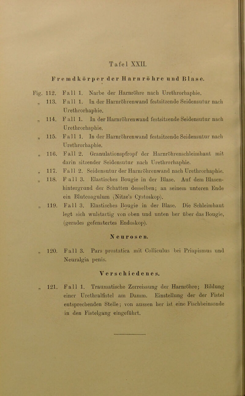 F r e in (1 k <> r p e r <1 e r II a r 11 r ö li r e 11 n d II läse. 112. Fall 1. Narbe der Harnröhre nach Urethrorhaphie. 113. Fall 1. In der Harnröhren wand festsitzende Seidensutur nach Urethrorhaphie. 114. Fall 1. In der Harnröhrenwand festsitzende Seidensutur nach Urethrorhaphie. 115. Fall 1. In der Harnröhrenwand festsitzende Seidensutur nach Urethrorhaphie. 116. Fall 2. Granulationspfropf der Harnröhrenschleimhaut mit darin sitzender Seidensutur nach Urethrorhaphie. 117. Fall 2. Seidensutur der Harnröhrenwand nach Urethrorhaphie. 118. Fall 3. Elastisches Bougie in der Blase. Auf dem Blasen- hintergrund der Schatten desselben; an seinem unteren Ende ein Blutcoagulum (Nitze’s Cystoskop). 119. Fall 3. Elastisches Bougie in der Blase. Die Schleimhaut legt sich wulstartig von oben und unten her über das Bougie, (gerades gefenstertes Endoskop). N eurosen. 120. Fall 3. Pars prostatica mit Colliculus bei Priapismus und Neuralgia penis. Verschiedenes. 121. Fall 1. Traumatische Zerreissung der Harnröhre; Bildung einer Urethralfistel am Damm. Einstellung der der Fistel entsprechenden Stelle; von aussen her ist eine Fischbeinsonde in den Fistelfiransr einereftihrt.