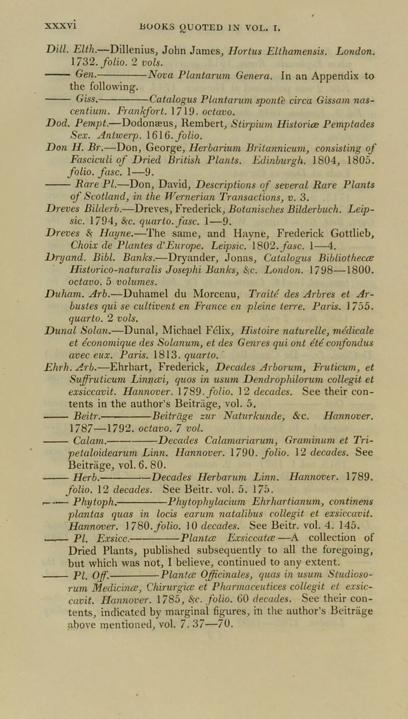 Dill. Elth.—Dillenius, John JameSj Hortus Elthamensis. London. 1732. folio. 2 vols. Ge?i. Nova Plantarum Genera. In an Appendix to the following. Giss. Catalogus Plantarum sponti circa Gissam nas- centium. Frankfort. 1719. octavo. Dod. Pempt.—Dodonseus, Rembert^ Stirpiu7n Historice Pemptades Sex. Antwerp. \616.folio. Don H. Br.—Don, George, Herbarium Britannicuni, consisting of Fasciculi of Dried British Plants. Edinburgh. 1804, 1805. folio, fuse. 1—9. Rare PI.—Don, David, Descriptions of several Rare Plants of Scotland, in the Wernerian Transactions, v. 3. Dreves Bilderb.—Dreves, Frederick, Botanisches Bilderbuch. Leip- sic. 1794, «SfC. quarto, fasc. 1—9. Dreves 8^ Hayne.—The same, and Hayne, Frederick Gottlieb, Choix de Plantes d'Europe. Leipsic. 1802./asc. 1—4. Dryand. Bibl. Banks.—Dryander, Jonas, Catalogus Bibliothecre Historico-naturalis Josejyhi Banks, 8^c. London. 1798—1800. octavo. 5 volumes. Duham. Arb.—Duhamel du Morceau, Traitd des Arbres et Ar- bustes qui se cultivent en France en pleine terre. Paris. 1 755. quarto. 2 vols. Dunal Solan.—Dunal, Michael Fdlix, Histoire naturelle, mMicale et iconomique des Solanum, et des Genres qui ont 4t4 confondus avec eux. Paris. 1813. quarto. Ehrh. Arb.—Ehrhart, Frederick, Decades Arborum, Fruticum, et Suffruticum Linncei, quos in usum Dendrophilorum collegit et exsiccavit. Hannover. \739.folio. 12 decades. See their con- tents in the author’s Beitriige, vol. 5. Beitr. Beitrdge zur Naturkunde, &c. Hannover. 1787—1792. octavo. 7 vol. Calarn. Decades Calamariarum, Graminum et Tri- petaloidearum Linn. Hannover. \7^^. folio. ]2 decades. See Beitriige, vol. 6. 80. Herb. Decades Herbarum Linn. Hannover. 1789. folio. 12 decades. See Beitr. vol. 5. 175. r^-— Phytoph. Phytophylacium Ehrhartianum, continens plantas quas in locis earum natalibus collegit et exsiccavit. Hannover. ]780.folio. 10 decades. See Beitr. vol. 4. 145. —— PI. Exsicc. Plantiv Exsiccatce—A collection of Dried Plants, published subsequently to all the foregoing, but which was not, I believe, continued to any extent. PI. Off.' PlantcE Officinales, quas in usum Studioso- rum Medicince, Chirurgice et Pharmaceutices collegit et exsic- cavit. Hannover. 1785, cV. folio. GO decades. See their con- tents, indicated by marginal figures, in the author’s Beitriige above mentioned, vol. 7. 37—70.