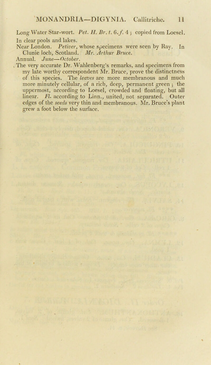 Long Water Star-wort. Pet. H. Br. t. G.f. 4 •, copied from Loesel. In clear pools and lakes. Near London. Petiver, whose specimens were seen by Ray. In Clunie loch, Scotland. Mr. Arthur Bruce. Annual. June—October. , The very accurate Dr. Wahlenberg’s remarks, and specimens from my late worthy correspondent Mr. Bruce, prove the distinctness of this species. The leaves are more membranous and much more minutely cellular, of a rich, deep, permanent green j the uppermost, according to Loesel, crowded and floating, but all linear. FI. according to Linn., united, not separated. Outer edges of the seeds very thin and membranous. Mr. Bruce’s plant grew a foot below the surface.