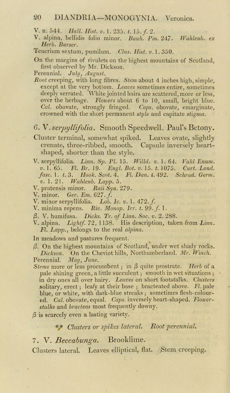 V. n. 544. Hall Hist. v. 1. 235. t. 15./. 2. V. alpina, bellidis folio minor. Bauh. Pin. 247- Wahlenb, ex Herb. Purser. Teucrium sextum, pumilum. Clus. Hist. v. 1.350. On the margins of rivulets on the highest mountains of Scotland, first observed by Mr. Dickson. Perennial. July, August. Root creeping, with long fibres. Stem about 4 inches high, simple, except at the very bottom. Leaves sometimes entire, sometimes deeply serrated. White jointed hairs are scattered, more or less, over the herbage. Flowers about 6 to 10, small, bright blue. Cal. obovate, strongly fringed. Caps, obovate, emarginate, crowned with the short permanent style and capitate stigma. 6. V.serpyllifolia. Smooth Speedwell. Paul’s Betony. Cluster terminal, somewhat spiked. Leaves ovate, slightly crenate, three-ribbed, smooth. Capsule inversely heart- shaped, shorter than the style. V. serpyllifolia. Linn. Sp. PI. 15. Willd. v. 1. 64. Vahl Enum. V. 1. 65. FL Br. 19. Engl. Bot. v. 15. t. 1075. Curt. Land, fasc.]. t.3. Hook. Scot. 4. FI. Dan. t. 492. Schrad. Germ. V. 1. 21. Wahlenb. Lapp. 5. V. pratensis minor. Rail Syn. 279. V. minor. Ger. Em. 627./. V. minor serpyllifolia. Lob. Ic. v. 1. 472./. V. minima repens. Riv. Monop. Irr. t. 99. f. 1. /3. V. humifusa. Dicks. Tr. of Linn. Soc. v. 2. 288. V. alpina. Lightf. 72, 1138. His description, taken from Li?m. F7. Lapp., belongs to the real alpina. In meadows and ptistures frequent. /3. On the highest mountains of Scotland, under wet shady rocks. Dickson. On the Cheviot hills, Northumberland. Mr. Winch. Perennial. May, June. Stems more or less procumbent; in quite prostrate. Herb of a pale shining green, a little succulent ■, smooth in wet situations ; in dry ones all over hairy. Leaves on short footstalks. Clusters solitary, erect j leafy at their base j bracteated above. FI. pale blue, or white, with dark-blue streaks j sometimes flesh-colour- ed. CuZ. obovate, equal. Caps, inversely heart-shaped. FZou;er- stalks and bracteas most frequently downy. /3 is scarcely even a lasting variety. Clusters or spikes latei-al. Root perennial, 7. V. Beccabunga. Brooklitne. Clusters lateral. Leaves elliptical, flat. Stem creeping.