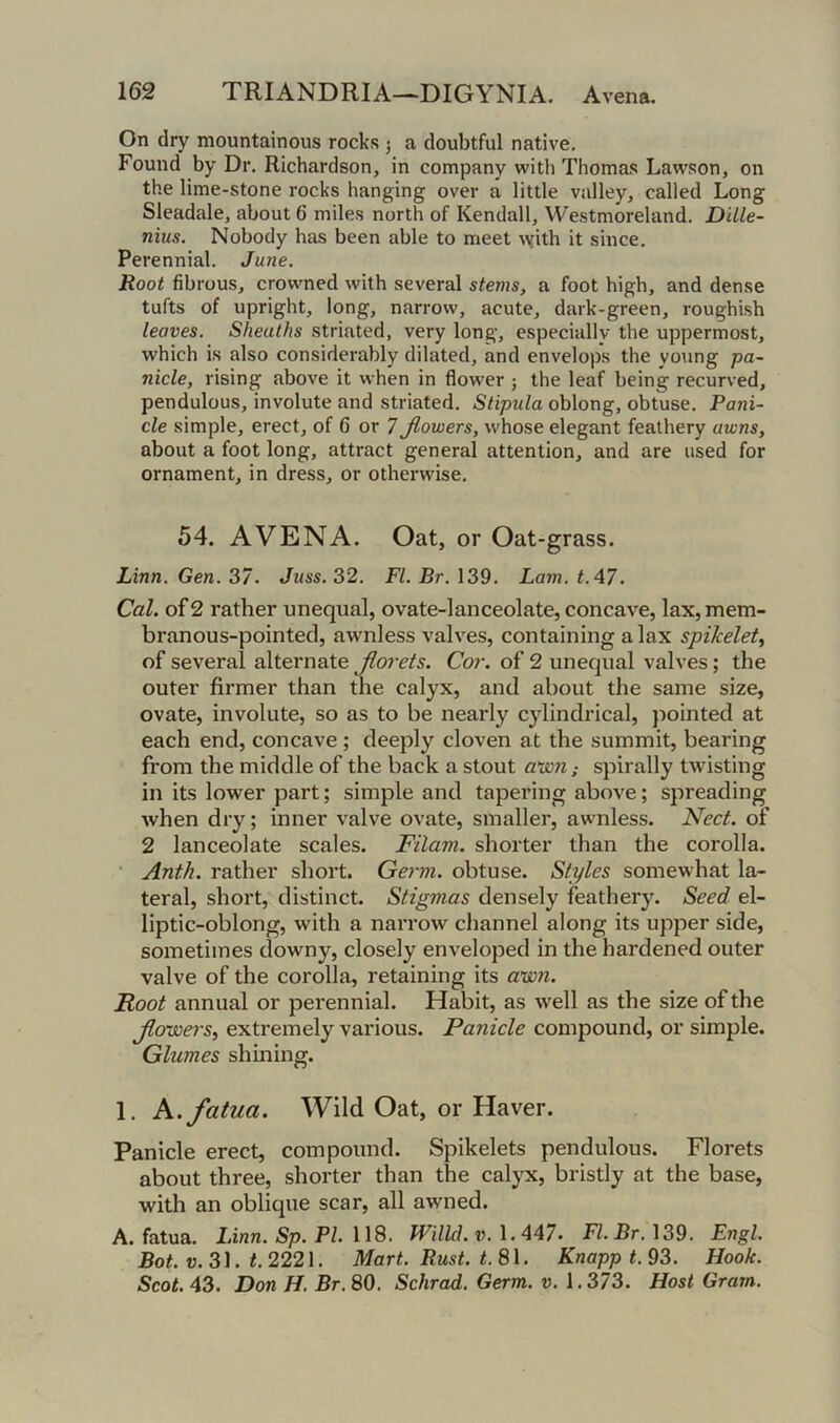 On dry mountainous rocks j a doubtful native. Found by Dr. Richardson, in company with Thomas Lawson, on the lime-stone rocks hanging over a little valley, called Long Sleadale, about 6 miles north of Kendall, Westmoreland. Dille- nius. Nobody has been able to meet ^vith it since. Perennial. June. Root fibrous, crowned with several stems, a foot high, and dense tufts of upright, long, narrow, acute, dark-green, roughish leaves. Sheaths striated, very long, especially the uppermost, which is also considerably dilated, and envelops the young pa- nicle, rising above it when in flower j the leaf being recurved, pendulous, involute and striated. Stipula oblong, obtuse. Pani- cle simple, erect, of 6 or 7 Jlowers, whose elegant feathery awns, about a foot long, attract general attention, and are used for ornament, in dress, or otherwise. 54. AVENA. Oat, or Oat-grass. Linn. Gen. 37. Juss. 32. FI. Br. 139. Lam. i.47. Cal. of 2 rather unequal, ovate-lanceolate, concave, lax, mem- branous-pointed, awnless valves, containing a lax spikelet^ of several alternate Jlorets. Coi\ of 2 unequal valves; the outer firmer than the calyx, and about the same size, ovate, involute, so as to be nearly cylindrical, pointed at each end, concave; deeply cloven at the summit, bearing from the middle of the back a stout a'wn; spirally twisting in its lower part; simple and tapering above; spreading when dry; inner valve ovate, smaller, awnless. Uect. of 2 lanceolate scales. Filam. shorter than the corolla. Anth. rather short. Germ, obtuse. Styles somewhat la- teral, short, distinct. Stigmas densely feathery. Seed el- liptic-oblong, with a narrow channel along its upper side, sometimes downy, closely enveloped in the hardened outer valve of the corolla, retaining its aw7i. Root annual or perennial. Habit, as well as the size of the Jlowei's, extremely various. Panicle compound, or simple. Glumes shining. 1. h.fatua. Wild Oat, or Haver. Panicle erect, compound. Spikelets pendulous. Florets about three, shorter than the calyx, bristly at the base, with an oblique scar, all awned. A. fatua. Linn. Sp. PI. 118. Willd.v. 1.447. Fl.Br. 139. Engl. Bot. u. 31. t. 2221. Mart. Rust. i. 81. Knapp t. 93. Hook. Scot. 43. Don H. Br.80. Schrad. Germ. v. 1.373. Host Gram.