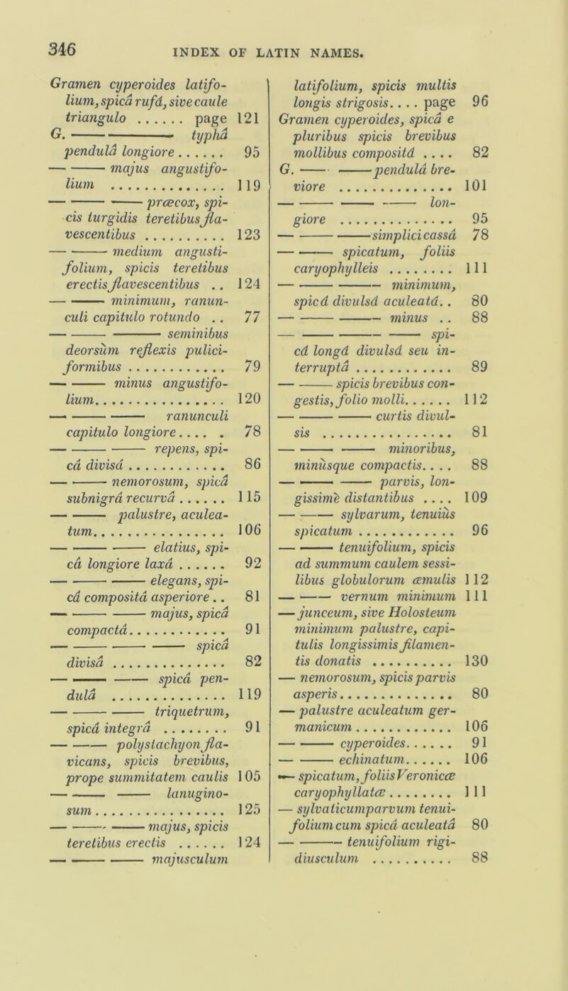 Gramen cyperoides latifo- lium, spica rufd, sive caule triangulo page 121 G. typfia penduld longiore 95 majus angustifo- Uum 119 prcecox, spi- els iurgidis teretibusjia- vescentibus 123 — medium angusti- folium, spicis teretibus erectisJlavescentibus .. 124 minimum, ranun- culi capitulo rotunda .. 77 seminibus deorsum rejiexis pulici- formibus 79 minus angustifo- lium 120 ranunculi capitulo longiore 78 repens, spi- ed divisd 86 nemorosum, spied subnigrd recurvd 115 palustre, aculea- tum 106 elatius, spi- ed longiore laxd 92 elegans, spi- ed compositd asperiore.. 81 majus, spied compaetd 91 spied divisd 82 - ■ —— spied pen- duld 119 triquetrum, spied integrd 91 polyslachyon Jla- vieans, spiels brevibus, prope summitatem eaulis 105 lanugino- sum 125 majus, spiels teretibus erectis 124 — majusculum latifolium, spicis multis longis strigosis.. .. page 96 Gramen cyperoides, spied e pluribus spicis brevibus mollibus compositd .... 82 G. penduld bre- viore 101 lon- giore 95 ■ simplicicassd 78 ■ spicatum, foliis caryophylleis Ill • minimum, spied divulsd aculeatd.. 80 ■ minus .. 88 spi- ed longd divulsd seu in- terruptd 89 spicis brevibus con- gestis, folio molli 112 curtis divul- sis 81 minoribus, minusque compactis.... 88 — —— parvis, lon- gissim^ distantibus .... 109 sylvarum, tenuius spicatum 96 tenufolium, spicis ad summum caulem sessi- libus globulorum cemulis 112 vernum minimum 111 — junceum, sive Holosteum minimum palustre, capi- tulis longissimisJilamen- tis donatis 130 — nemorosum, spicis parvis asperis 80 — palustre aculeatum ger- manicum 106 cyperoides 91 echinatum 106 i— spicatum, foliis Veronicce caryophyllatce Ill — sylvaticumparvum tenui- folium cum spied aculeatd 80 tenuifolium rigi- diusculum 88