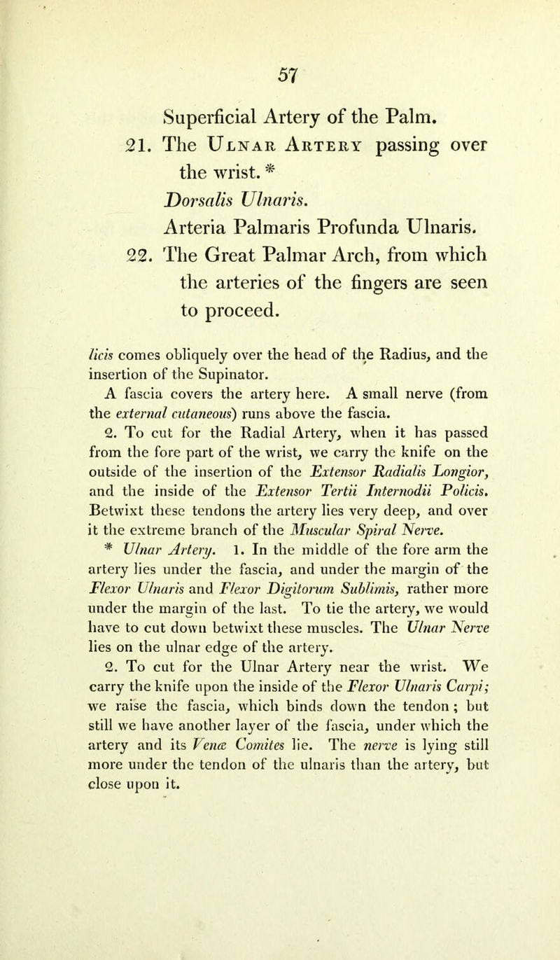Superficial Artery of the Palm. 21. The Ulnar Artery passing over the wrist. * Dorsalis Ulnaris. Arteria Palmaris Profunda Ulnaris. 22. The Great Palmar Arch, from which the arteries of the fingers are seen to proceed. lids comes obliquely over the head of the Radius, and the insertion of the Supinator. A fascia covers the artery here. A small nerve (from the external cutaneous) runs above the fascia. 2. To cut for the Radial Artery, when it has passed from the fore part of the wrist, we carry the knife on the outside of the insertion of the Extensor Radialis Longior, and the inside of the Extensor Tertii Internodii Po/icis. Betwixt these tendons the artery lies very deep, and over it the extreme branch of the Muscular Spiral Nerve. * Ulnar Artery. 1. In the middle of the fore arm the artery lies under the fascia, and under the margin of the Flexor Ulnaris and Flexor Digitorum Sublimis, rather more under the margin of the last. To tie the artery, we would have to cut down betwixt these muscles. The Ulnar Nerve lies on the ulnar edge of the artery. 2. To cut for the Ulnar Artery near the wrist. We carry the knife upon the inside of the Flexor Ulnaris Carpi; we raise the fascia, which binds down the tendon ; but still we have another layer of the fascia, under which the artery and its Fence Comites lie. The nerve is lying still more under the tendon of the ulnaris than the artery, but close upon it.