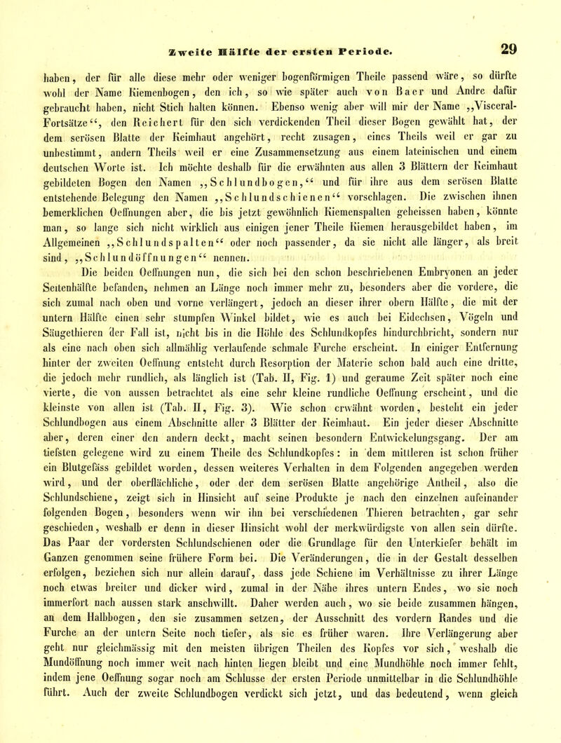 haben, der für alle diese mehr oder weniger hogenformigen Theile passend wäre, so dürfte wohl der Name Kiemenbogen, den ich, so wie später auch von B a e r und Andre dafür gebraucht haben, nicht Stich hallen können. Ebenso wenig aber will mir der Name ,,Visceral- Fortsätze, den Reichert für den sich verdickenden Theil dieser Bogen gewählt hat, der dem serösen Blatte der Keimhaut angehört, recht zusagen, eines Theils weil er gar zu unbestimmt, andern Theils weil er eine Zusammensetzung aus einem lateinischen und einem deutschen Worte ist. Ich möchte deshalb für die erwähnten aus allen 3 Blättern der Keimhaut gebildeten Bogen den Namen ,, S c hlundbo gen, und für ihre aus dem serösen Blatte entstehende Belegung den Namen Schlundschienen vorschlagen. Die zwischen ihnen bemerküchen Oeflnungen aber, die bis jetzt gewöhnhcb Kiemenspalten gebeissen haben, könnte man, so lange sich nicht wirklich aus einigen jener Theile Kiemen herausgebildet haben, im Allgemeinen ,,Schlundspalten oder noch passender, da sie nicht alle länger, als breit sind, Schlundöffnungen nennen. njüu;'))).: • . Die beiden Oelfnungen nun, die sich bei den schon beschriebenen Embryonen an jeder Seitenbälfte befanden., nehmen an Länge noch immer mehr zu, besonders aber die vordere, die sich zumal nach oben und vorne verlängert, jedoch an dieser ihrer obern Hälfte, die mit der untern Hälfte einen sehr stumpfen Winkel bildet, wie es auch hei Eidechsen, Vögeln und Säugethieren der Fall ist, nicht bis in die Höhle des Schlundkopfes hindurchbricht, sondern nur als eine nach oben sich allmählig verlaufende schmale Furche erscheint. In einiger Entfernung hinter der zweiten Oeffnung entsteht durch Resorption der Materie schon bald auch eine dritte, die jedoch mehr rundlich, als länglich ist (Tab. II, Fig. 1) und geraume Zeit später noch eine vierte, die von aussen betrachtet als eine sehr kleine rundliche Oeffnung erscheint, und die kleinste von allen ist (Tab. II, Fig. 3). Wie schon erwähnt worden, besteht ein jeder Schlundbogen aus einem Abschnitte aller 3 Blätter der Keimhaut. Ein jeder dieser Abschnitte al)er, deren einer den andern deckt, macht seinen besondern Entwickelungsgang. Der am tiefsten gelegene wird zu einem Theile des Schliindkopfes : in dem mittleren ist schon früher ein Blutgefäss gebildet worden, dessen weiteres Verhalten in dem Folgenden angegeben werden wird 5 und der oberflächliche, oder der dem serösen Blatte angehörigc Anlheil, also die Schlundschiene, zeigt sich in Hinsicht auf seine Produkte je nach den einzelnen aufeinander folgenden Bogen, besonders wenn wir ihn bei verschiedenen Thieren betrachten, gar sehr geschieden, weshalb er denn in dieser Hinsicht wohl der merkwürdigste von allen sein dürfte. Das Paar der vordersten Schlundschienen oder die Grundlage für den Unterkiefer behält im Ganzen genommen seine frühere Form bei. Die Veränderungen, die in der Gestalt desselben erfolgen, beziehen sich nur allein darauf, dass jede Schiene im Verhältnisse zu ihrer Länge noch etwas breiter und dicker wird, zumal in der Nähe ihres untern Endes, wo sie noch immerfort nach aussen stark anschwillt. Daher werden auch, wo sie beide zusammen hängen, an dem Halbbogen, den sie zusammen setzen, der Ausschnitt des vordem Randes und die Furche an der unlern Seite noch tiefer, als sie es früher waren. Ihre Verlängerung aber gebt nur gleicbmässig mit den meisten übrigen Thcilen des Kopfes vor sich, weshalb die Mundöffnung noch immer weit nach hinten liegen bleibt und eine Mundhöhle noch immer fehlt, indem jene Oeffnung sogar noch am Schlüsse der ersten Periode unmittelbar in die Schlundhöhle führt. Auch der zweite Scblundbogen verdickt sich jetzt, und das bedeutend, wenn gleich