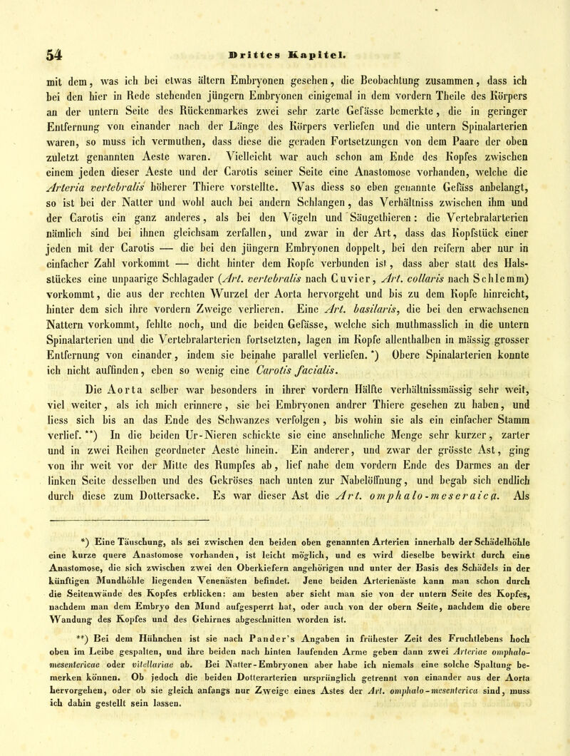 mit dem, Avas ich bei etwas altern Embryonen gesehen, die Beobachtung zusammen, dass ich bei den hier in Rede stehenden Jüngern Embryonen einigemal in dem vordem Theile des Körpers an der untern Seite des Rückenmarkes zwei sehr zarte Gefässe bemerkte, die in geringer Entfernung von einander nach der Länge des Körpers verliefen und die untern Spinalarterien waren, so muss ich vermulhen, dass diese die geraden Fortsetzungen von dem Paare der oben zuletzt genannten Aeste waren. Vielleicht war auch schon am Ende des Kopfes zwischen einem jeden dieser Aeste und der Carotis seiner Seite eine Anastomose vorhanden, welche die Arteria vertebralis höherer Thiere vorstellte. Was diess so eben genannte Geföss anbelangt, so ist bei der Natter und wohl auch bei andern Schlangen, das Verhältniss zwischen ihm und der Carotis ein ganz anderes, als bei den Vögeln und Säugethieren: die Vertebralarterien nämlich sind bei ihnen gleichsam zerfallen, und zwar in der Art, dass das Kopfstück einer jeden mit der Carotis — die bei den Jüngern Embryonen doppelt, bei den reifern aber nur in einfacher Zahl vorkommt — dicht hinter dem Kopfe verbunden ist, dass aber statt des Hals- stückes eine unpaarige Schlagader {Art. vertebralis nach Cuvier, Art. collaris nach Schlemm) vorkommt, die aus der rechten Wurzel der Aorta hervorgeht und bis zu dem Kopfe hinreicht, hinter dem sich ihre vordem Zweige verlieren. Eine Art. basilaris, die bei den erwachsenen Nattern vorkommt, fehlte noch, und die beiden Gefässe, welche sich muthmasslich in die untern Spinalarterien und die Vertebralarterien fortsetzten, lagen im Kopfe allenthalben in massig grosser Entfernung von einander, indem sie beinahe parallel verliefen. *) Obere Spinalarterien konnte ich nicht auffinden, eben so wenig eine Carotis facialis. Die Aorta selber war besonders in ihrer vordem Hälfte verhältnissmässig sehr weit, viel weiter, als ich mich erinnere , sie bei Embryonen andrer Thiere gesehen zu haben, und licss sich bis an das Ende des Schwanzes verfolgen, bis wohin sie als ein einfacher Stamm verlief.**) In die beiden Ur-Nieren schickte sie eine ansehnliche Menge sehr kurzer, zarter und in zwei Reihen geordneter Aeste hinein. Ein anderer, und zwar der grösste Ast, ging von ihr weit vor der Mitte des Rumpfes ab, lief nahe dem vordem Ende des Darmes an der linken Seite desselben und des Gekröses nach unten zur Nabelölfuung, und begab sich endlich durch diese zum Dottersacke. Es war dieser Ast die Art. omphalo-meseraicß. Als *) Eine Täuscliiing, als sei zwischen den beiden oben genannten Arterien innerhalb der SchädelLöhle eine kurze quere Anastomose vorhanden, ist leicht möglich, und es wird dieselbe bewiikt durch eine Anastomose, die sich zwischen zwei den Oberkiefern angehörigen und unter der Basis des Schädels in der künftigen Mundhöhle liegenden Venenästen befindet. Jene beiden Arterienäste kann man schon durch die Seitenwäude des Kopfes erblicken: am besten aber sieht man sie von der untern Seite des Kopfes, nachdem man dem Embryo den Mund aufgesperrt hat, oder auch von der obern Seite, nachdem die obere Wandung des Kopfes und des Gehirnes abgeschnitten worden ist. **) Bei dem Hühnchen ist sie nach P an der's Angaben in frühester Zeit des Fruchflebens hoch oben im Leibe gespalten, und ihre beiden nach hinten laufenden Arme geben dann zwei Arteriae omphalo- mesentericae oder vitdlariaii ab. Bei Natter-Embryonen aber habe ich niemals eine solche Spaltung be- merken können. Ob jedoch die beiden Dotterarterien ursprünglich getrennt von einander aus der Aorta hervorgehen, oder ob sie gleich anfangs nur Zweige eines Astes der Art. omphalo-mesenterica sind, muss ich dahin gestellt sein lassen.