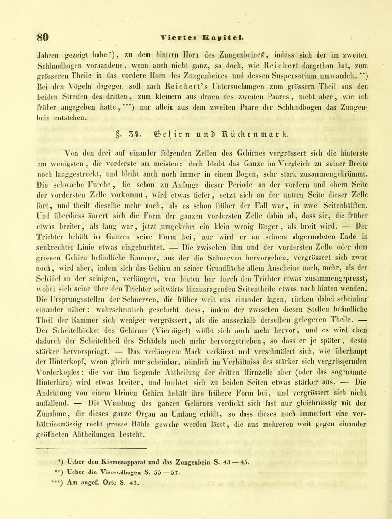 Jahren gezeigt habe*), zu dem hintern Horn des Zungenbeine?, indess sich der im zweiten Schlundbogen vorhandene, wenn auch nicht ganz, so doch, wie Reichert dargethan hat, zum grösseren Theile in das vordere Horn des Zungenbeines und dessen Suspensorium umwandelt. **) Bei den Vögeln dagegen soll nach Reichert's Untersuchungen zum grössern Theil aus den beiden Streifen des dritten, zum kleinern aus denen des zweiten Paares, nicht aber, wie ich früher angegeben hatte, ***) nur allein aus dem zweiten Paare der Schlundbogen das Zungen- bein entstehen. §. 34. 6 e Ij i rn ü n ir H ii ck e n m a r k. Von den drei auf einander folgenden Zellen des Gehirnes vergrössert sich die hinterste am wenigsten, die vorderste am meisten: doch bleibt das Ganze im Vergleich zu seiner Breite noch langgestreckt, und bleibt auch noch immer in einem Bogen, sehr stark zusammengekrümmt. Die schwache Furche , die schon zu Anfange dieser Periode an der vordem und obern Seite der vordersten Zelle vorkommt, wird etwas tiefer, setzt sich an der untern Seile dieser Zelle fort, uiid theilt dieselbe mehr noch, als es schon früher der Fall war, in zwei Seitenhälften. Und überdiess ändert sich die Form der ganzen vordersten Zelle dahin ab, dass sie, die früher etwas breiter, als lang war, jetzt .umgekehrt ein klein wenig länger, als breit wird. — Der Trichter behält im Ganzen seine Form bei, nur wird er an seinem abgerundeten Ende in senkrechter Linie etwas eingebuchtet. — Die zwischen ihm und der vordersten Zelle oder dem grossen Gehirn befindliche Kammer, aus der die Sehnerven hervorgehen, vergrössert sich zwar noch, wird aber, indem sich das Gehirn an seiner Grundfläche allem Anscheine nach, mehr, als der Schädel an der seinigen, verlängert, von hinten her durch den Trichter etwas zusammengepresst, wobei sich seine über den Trichter seitwärts hinausragenden Seitenlheile etwas nach hinten wenden. Die Ursprungsstellen der Sehnerven, die früher weit aus einander lagen, rücken dabei scheinbar einander näher: wahrscheinlich geschieht diess, indem der zwischen diesen Stellen befindliche Theil der Kammer sich weniger vergrössert, als die ausserhalb derselben gelegenen Theile. — Der Scheitelhöcker des Gehirnes (Vierhügel) wölbt sich noch mehr hervor, und es wird eben dadurch der Scheitellheil des Schädels noch mehr hervorgetrieben, so dass er je später, desto stärker hervorspringt. — Das verlängerte Mark verkürzt und verschmälert sich, wie überhaupt der Hinterkopf, wenn gleich nur scheinbar, nämlich im Verhältniss des stärker sich vergrössernden Vorderkopfes : die vor ihm liegende Abtheilung der dritten Hirnzelle aber (oder das sogenannte Hinterhirn) wird etwas breiter, und buchtet sich zu beiden Seiten etwas stärker aus. — Die Andeutung von einem kleinen Gehirn behält ihre frühere Form bei, und vergrössert sich nicht auffallend. — Die Wandung des ganzen Gehirnes verdickt sich fast nur gleichmässig mit der Zunahme, die dieses ganze Organ an Umfang erhält, so dass dieses noch immerfort eine ver- hällnissmässig recht grosse Höhle gewahr werden lässt, die aus mehreren weit gegen einander geöffneten Abtheilungen besteht. *) lieber den Kiemenapparat und das Zungenbein S. 43 — 45. **) lieber die Visceralbogen S. 55 — 57. Am angef. Orte S. 43.