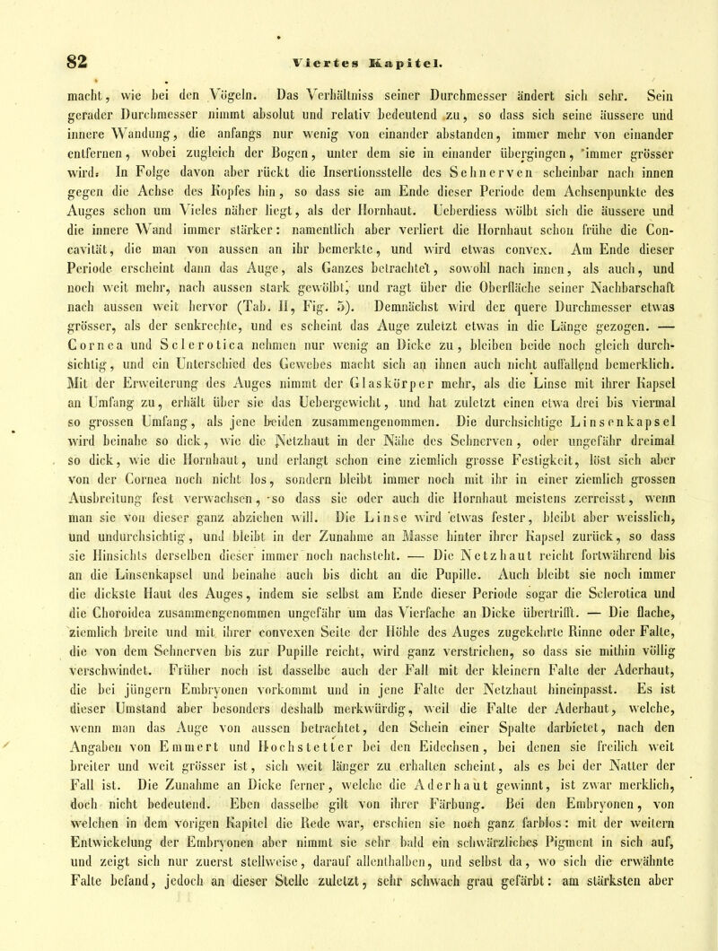 macht, wie bei den Vögeln. Das Verhältniss seiner Durchmesser ändert sich sehr. Sein gerader Durchmesser nimmt absolut und relativ bedeutend zu, so dass sich seine äussere und innere Wandung, die anfangs nur wenig von einander abstanden, immer mehr von einander entfernen, wobei zugleich der Bogen, unter dem sie in einander übergingen, immer grösser wirds In Folge davon aber rückt die Insertionsstelle des Sehnerven scheinbar nach innen gegen die Achse des Kopfes hin, so dass sie am Ende dieser Periode dem Achsenpunkte des Auges schon um Vieles naher liegt, als der Hornhaut. Ueberdiess wölbt sich die äussere und die innere Wand immer stärker: namentlich aber verliert die Hornhaut schon frühe die Con- cavität, die man von aussen an ihr bemerkte, und wird etwas convcx. Am Ende dieser Periode erscheint dann das Auge, als Ganzes betrachtet, sowohl nach innen, als auch, und noch weit mehr, nach aussen stark gewölbtj und ragt über die Oberfläche seiner Nachbarschaft nach aussen weit hervor (Tab. H, Fig. 5). Demnächst wird der quere Durchmesser etwas grösser, als der senkrechte, und es scheint das Auge zuletzt etwas in die Länge gezogen. — Cornea und Sclerotica nehmen nur wenig an Dicke zu, bleiben beide noch gleich durch- sichtig , und ein Unterschied des Gewebes macht sich an ihnen auch nicht auffallend bemerklich. Mit der Erweiterung des Auges nimmt der Glaskörper mehr, als die Linse mit ihrer Kapsel an Umfang zu, erhält über sie das Uebergewicht, und hat zuletzt einen etwa drei bis viermal so grossen Umfang, als jene beiden zusammengenommen. Die durchsichtige Linsenkapsel wird beinahe so dick, wie die ]Netzhaut in der Nähe des Sehnerven , oder ungefähr dreimal so dick, wie die Hornhaut, und erlangt schon eine ziemlich grosse Festigkeit, löst sich aber von der Cornea noch nicht los, sondern bleibt immer noch mit ihr in einer ziemlich grossen Ausbreitung fest verwachsen, so dass sie oder auch die Hornhaut meistens zerreisst, wenn man sie von dieser ganz abziehen will. Die Linse wird 'etwas fester, bleibt aber weisslich, und undurchsichtig, und bleibt in der Zunahme an Blasse hinter ihrer Kapsel zurück, so dass sie Hinsichls derselben dieser immer noch nachsteht. — Die Netzhaut reicht fortwährend bis an die Linscnkapsel und beinahe auch bis dicht an die Pupille. Auch bleibt sie noch immer die dickste Haut des Auges, indem sie selbst am Ende dieser Periode sogar die Sclerotica und die Choroidea zusammengenommen ungefähr um das Vierfache an Dicke übertrifft. — Die flache, ziemlich breite und mit ihrer convexen Seile der Höhle des Auges zugekehrte Rinne oder Falte, die von dem Sehnerven bis zur Pupille reicht, wird ganz verstrichen, so dass sie mithin völlig verschwindet. Früher noch ist dasselbe auch der Fall mit der kleinern Falte der Aderhaut, die bei Jüngern Embryonen vorkommt und in jene Falte der Netzhaut hineinpasst. Es ist dieser Umstand aber besonders deshalb merkwürdig, weil die Falte der Aderhaut, welche, wenn man das Auge von aussen betrachtet, den Schein einer Spalte darbietet, nach den Angaben von Emmert und Hochstetter bei den Eidechsen, bei denen sie freilich weit breiter und weit grösser ist, sich weit länger zu erhalten scheint, als es bei der Natter der Fall ist. Die Zunahme an Dicke ferner, welche die Ader haut gewinnt, ist zwar merklich, doch nicht bedeutend. Eben dasselbe gilt von ihrer Färbung. Bei den Embryonen, von welchen in dem vorigen Kapitel die Rede war, erschien sie noch ganz farblos: mit der weitem Entwickelung der Embryonen aber nimmt sie sehr bald ein schwärzli-ch-es Pigment in sich auf, und zeigt sich nur zuerst stellweise, darauf allenthalben, und selbst da, wo sich die erwähnte Falte befand, jedoch an dieser Stelle zuletzt, sehr schwach grau gefärbt: am stärksten aber