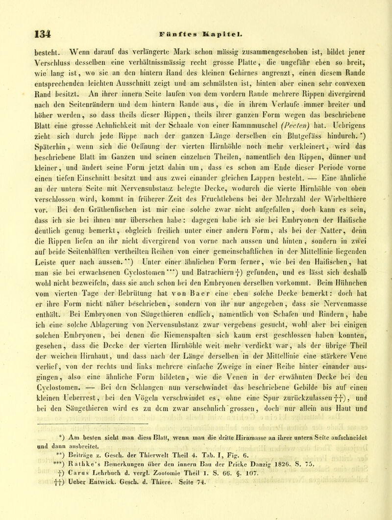 besteht. Wenn darauf das verlängerte Mark schon massig zusammengeschoben ist, bildet jener Verschluss desselben eine verhällnissmässig recht grosse Platte, die ungefähr eben so breit, wie lang ist, wo sie an den hintern Rand des kleinen Gehirnes angrenzt, einen diesem Rande entsprechenden leichten Ausschnitt zeigt und am schmälsten ist, hinten aber einen sehr convexen Rand besitzt. An ihrer Innern Seite laufen von dem vordem Rande mehrere Rippen divergirend nach den Seitenrändern und dem hintern Rande aus, die in ihrem Verlaufe immer breiter und höher werden, so dass theils dieser Rippen, theils ihrer ganzen Form wegen das beschriebene Blatt eine grosse Aehnlichkeit mit der Schaale von einer Kammmuschel (Pecten) hat. Uebrigens zieht sich durch jede Rippe nach der ganzen Länge derselben ein Blutgefäss hindurch. *) Späterhin, wenn sich die Oeilhung der vierten Rirnhölile noch mehr verkleinert, wird das beschriebene Blatt im Ganzen und seinen einzelnen Theilen, namentlich den Rippen, dünner und kleiner, und ändert seine Form jetzt dahin um, dass es schon am Ende dieser Periode vorne einen tiefen Einschnitt besitzt und aus zwei einander gleichen Lappen besteht. — Eine ähnliche an der untern Seite mit Nervensubstanz belegte Decke, wodurch die vierte Hirnhöhle von oben verschlossen wird, kommt in früherer Zeit des Fruchtlebens bei der Mehrzahl der Wirbelthicre vor. Bei den Gräthenfischen ist mir eine solche zwar nicht aufgefallen , doch kann es sein, dass ich sie bei ihnen nur übersehen habe: dagegen habe ich sie bei Embryonen der Haifische deutlich genug bemerkt, obgleich freilich unter einer andern Form, als bei der Natter, denn die Rippen liefen an ihr nicht divergirend von vorne nach aussen und hinten , sondern in zwei auf beide Seitenhälften vertheilten Reihen von einer gemeinschaftlichen in der Mittellinie liegenden Leiste quer nach aussen.**) Unter einer ähnlichen Form ferner, wie bei den Haifischen, hat man sie bei erwachsenen Cyclostomen***) und Batrachiernf) gefunden, und es lässt sich deshalb wohl nicht bezweifeln, dass sie auch schon hei den Embryonen derselben vorkommt. Beim Hühnchen vom vierten Tage der Bebrülung hat von Baer eine eben solche Decke bemerkt: doch hat er ihre Form nicht näher beschrieben, sondern von ihr nur angegeben, dass sie Nervenmasse enthält. Bei Embryonen von Säugelhieren endlich, namentlich von Schafen und Rindern, habe ich eine solche Ablagerung von Nervensubstanz zwar vergebens gesucht, wohl aber bei einigen solchen Embryonen, bei denen die Kiemenspalten sich kaum erst geschlossen haben konnten, gesehen, dass die Decke der vierten Hirnhöhle weit mehr verdickt war, als der übrige Theil der weichen Hirnhaut, und dass nach der Länge derselben in der Mittellinie eine stärkere Vene verlief, von der rechts und links mehrere einfache Zweige in einer Reihe hinter einander aus- gingen, also eine ähnliche Form bildeten, wie die Venen in der erwähnten Decke bei den Cyclostomen. — Bei den Schlangen nun verschwindet das beschriebene Gebilde bis auf einen kleinen Ueberrest, bei den Vögeln verschwindet es, ohne eine Spur zurückzulassen f-j-), und bei den Säugelhieren wird es zu dem zwar ansehnhchgrossen, doch nur allein aus Haut und *) Am besten sieLt man diess Blatt, wenn man die dritte Hirnmasse an ilirer untern Seite aufschneidet und dann ausbreitet. **) Beiträge z. Gesell, der TLierwelt Theil 4. Tab. I, Fig-. 6. ***) Ralhke's Bemerkungen über den innern Bau der Pricke Danzig 1826. S. 75. -]-) Carus Lehrbuch d. yerg'l. Zootomie Theil 1. S. 66. §. 107. jf) üeber Entwick. Gesch. d. Thiere. Seite 74.