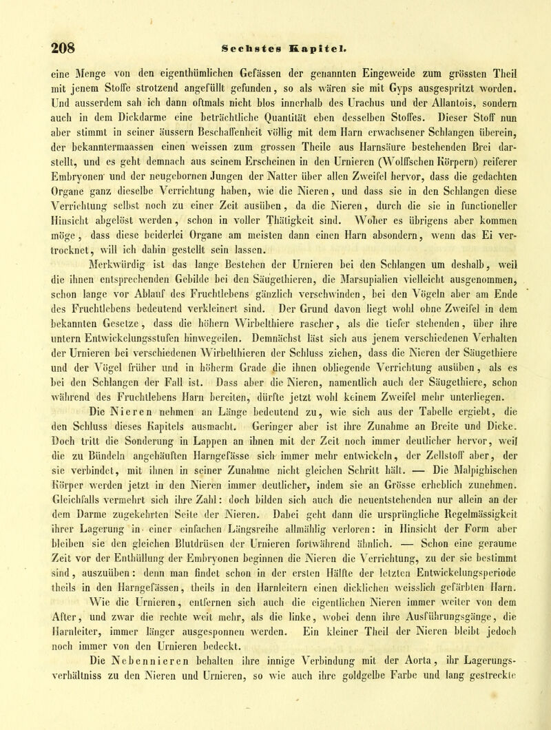 eine Menge von den eigenthümlichen Gefässen der genannten Eingeweide zum grössten Tlieil mit jenem Stoffe strotzend angefüllt gefunden, so als wären sie mit Gyps ausgespritzt worden. Und ausserdem sah ich dann oftmals nicht blos innerhalb des Urachus und der AUantois, sondern auch in dem Dickdarme eine beträchtliche Quantität eben desselben Stoffes. Dieser Stoff nun aber stimmt in seiner äussern Beschaffenheit völlig mit dem Harn erwachsener Schlangen überein, der bekanntermaassen einen weissen zum grossen Theile aus Harnsäure bestehenden Brei dar- stellt, und es geht demnach aus seinem Erscheinen in den ürnieren (Wolffschen Körpern) reiferer Embryonen' und der neugebornen Jungen der Natter über allen Zweifel hervor, dass die gedachten Organe ganz dieselbe Verrichtung haben, wie die Nieren, und dass sie in den Schlangen diese Verrichtung selbst noch zu einer Zeit ausüben, da die Nieren, durch die sie in functioneller Hinsicht abgelöst werden, schon in voller Thätigkeit sind. Woher es übrigens aber kommen möge , dass diese beiderlei Organe am meisten dann einen Harn absondern, wenn das Ei ver- trocknet, will ich dahin gestellt sein lassen. Merkwürdig ist das lange Bestehen der Urnieren bei den Schlangen um deshalb, weil die ihnen entsprechenden Gebilde bei den Säugethieren, die Marsupialien vielleicht ausgenommen, schon lange vor Ablauf des Frucbtlebens gänzlich verschwinden, bei den Vögeln aber am Ende des Fruchtlebens bedeutend verkleinert sind. Der Grund davon liegt wohl ohne Zweifel in dem bekannten Gesetze, dass die höhern Wirbeltbiere rascher, als die tiefer stehenden, über ihre untern Entwickelungsstufen hinwegeilen. Demnächst läst sich aus jenem verschiedenen Verhalten der Urnieren bei verschiedenen Wirbelthieren der Schluss ziehen, dass die Nieren der Säugethiere und der Vögel früher und in höherm Grade die ihnen obliegende Verrichtung ausüben, als es bei den Schlangen der Fall ist. Dass aber die Nieren, namentlich auch der Säugethiere, schon während des Fruchtlebens Harn bereiten, dürfte jetzt wohl keinem Zweifel mehr unterliegen. Die Nieren nehmen an Länge bedeutend zu, wie sich aus der Tabelle ergiebt, die den Schluss dieses Kapitels ausmacht. Geringer aber ist ihre Zunahme an Breite und Dicke. Doch tritt die Sonderung in Lappen an ihnen mit der Zeit noch immer deutlicher hervor, weil die zu Bündeln angehäuften Harngefässe sich immer mehr entwickeln, der Zellstoff aber, der sie verbindet, mit ihnen in seiner Zunahme nicht gleichen Schritt hält. — Die Malpighischen Körper werden jetzt in den Nieren immer dcuthcher, indem sie an Grösse erheblich zunehmen. Gleichfalls vermehrt sich ihre Zahl: doch bilden sich auch die neuentstehenden nur allein an der dem Darme zugekehrten Seile der Nieren. Dabei geht dann die ursprüngliche Regelmässigkeit ihrer Lagerung in- einer einfachen Längsreihe allmählig verloren: in Hinsicht der Form aber bleiben sie den gleichen Blutdrüsen der Urnieren fortwährend ähnlich. — Schon eine geraume Zeit vor der Enthüllung der Embryonen beginnen die Nieren die Verrichtung, zu der sie bestimmt sind, auszuüben: denn man findet schon in der ersten Hälfte der letzten Entwickelungsperiode thcils in den Harngefässen, theils in den Harnleitern einen dicklichen weisslich gefärbten Harn. Wie die Urnieren, entfernen sich auch die eigentlichen Nieren immer weiter von dem After, und zwar die rechte weit mehr, als die linke, wobei denn ihre Ausführungsgänge, die Harnleiter, immer länger ausgesponnen werden. Ein kleiner Theil der Nieren bleibt jedoch noch immer von den Urnieren bedeckt. Die Nebennieren behalten ihre innige Verbindung mit der Aorta, ihr Lagerungs- verhältniss zu den Nieren und Urnieren, so wie auch ihre goldgelbe Farbe und lang gestreckte