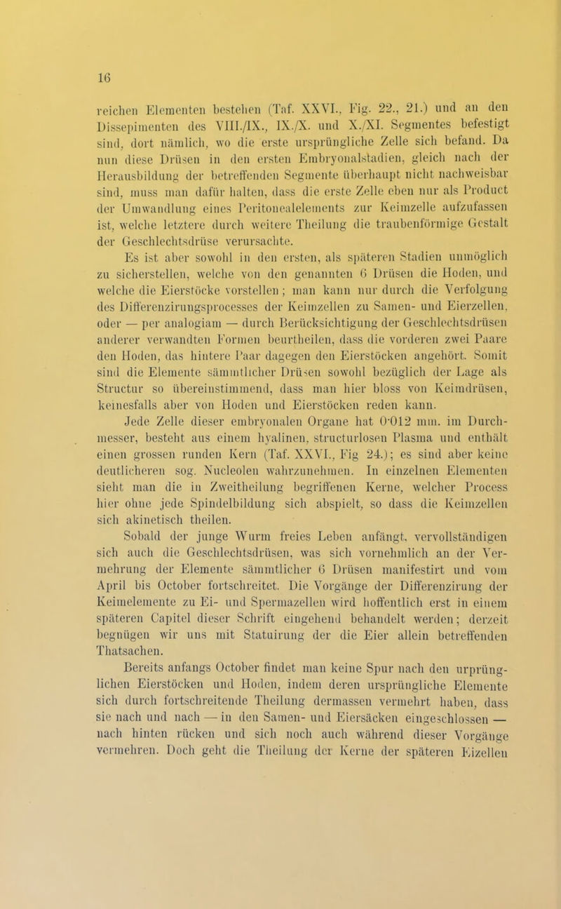 reichen Elementen bestellen (Taf. XXVI., Fig. 22., 21.) und an den Dissepimenten des VIII./IX., IX./X. und X./XI. Segmentes befestigt sind, dort nämlich, wo die erste ursprüngliche Zelle sich befand. Da nun diese Drüsen in den ersten Embryonalstadien, gleich nach der Herausbildung der betreffenden Segmente überhaupt nicht nachweisbar sind, muss man dafür halten, dass die erste Zelle eben nur als Product der Umwandlung eines Peritonealelements zur Keimzelle aufzufassen ist, welche letztere durch weitere Theilung die traubenförmige Gestalt der Geschlechtsdrüse verursachte. Es ist aber sowohl in den ersten, als späteren Stadien unmöglich zu sicherstellen, welche von den genannten 6 Drüsen die Hoden, und welche die Eierstöcke vorstellen; man kann nur durch die Verfolgung des Ditferenzirungsprocesses der Keimzellen zu Samen- und Eierzellen, oder — per analogiam — durch Berücksichtigung der Geschlechtsdrüsen anderer verwandten Formen beurtheilen, dass die vorderen zwei Paare den Hoden, das hintere Paar dagegen den Eierstöcken angehört. Somit sind die Elemente sämintlicher Drüsen sowohl bezüglich der Lage als Structur so übereinstimmend, dass man hier bloss von Keimdrüsen, keinesfalls aber von Hoden und Eierstöcken reden kann. Jede Zelle dieser embryonalen Organe hat 0012 mm. im Durch- messer, besteht aus einem hyalinen, structurlosen Plasma und enthält einen grossen runden Kern (Taf. XXVI., Fig 24); es sind aber keine deutlicheren sog. Nucleolen wahrzunehmen. In einzelnen Elementen sieht man die in Zweitheilung begriffenen Kerne, welcher Process hier ohne jede Spindelbildung sich abspielt, so dass die Keimzellen sich akinetisch theilen. Sobald der junge Wurm freies Leben anfängt, vervollständigen sich auch die Geschlechtsdrüsen, was sich vornehmlich an der Ver- mehrung der Elemente sämintlicher 6 Drüsen manifestirt und vom April bis October fortschreitet. Die Vorgänge der Differenzirung der Keimelemente zu Ei- und Spermazellen wird hoffentlich erst in einem späteren Capitel dieser Schrift eingehend behandelt werden; derzeit begnügen wir uns mit Statuirung der die Eier allein betreffenden Thatsachen. Bereits anfangs October findet man keine Spur nach den urprüng- lichen Eierstöcken und Hoden, indem deren ursprüngliche Elemente sich durch fortschreitende Theilung dermassen vermehrt haben, dass sie nach und nach — in den Samen- und Eiersäcken eingeschlossen — nach hinten rücken und sich noch auch während dieser Vorgänge vermehren. Doch geht die Theilung der Kerne der späteren Eizellen