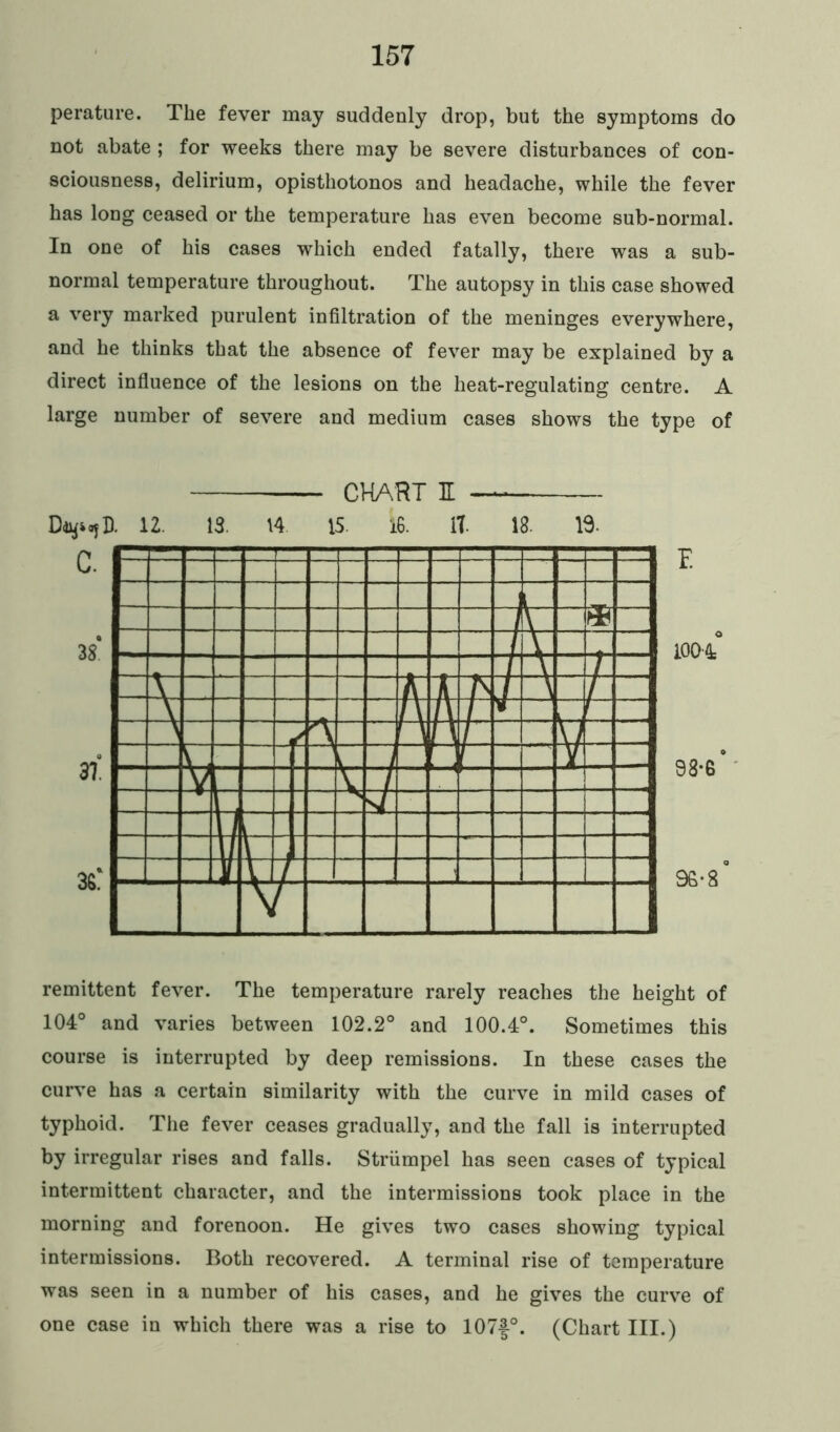 perature. The fever may suddenly drop, but the symptoms do not abate ; for weeks there may be severe disturbances of con- sciousness, delirium, opisthotonos and headache, while the fever has long ceased or the temperature has even become sub-normal. In one of his cases which ended fatally, there was a sub- normal temperature throughout. The autopsy in this case showed a very marked purulent infiltration of the meninges everywhere, and he thinks that the absence of fever may be explained by a direct influence of the lesions on the heat-regulating centre. A large number of severe and medium cases shows the type of CHART E —■ Da^ojD. 12. 13. 14 15. 16. IT 18. 13- C. 38* 31 36? remittent fever. The temperature rarely reaches the height of 104° and varies between 102.2° and 100.4°. Sometimes this course is interrupted by deep remissions. In these cases the curve has a certain similarity with the curve in mild cases of typhoid. The fever ceases gradually, and the fall is interrupted by irregular rises and falls. Striimpel has seen cases of typical intermittent character, and the intermissions took place in the morning and forenoon. He gives two cases showing typical intermissions. Both recovered. A terminal rise of temperature was seen in a number of his cases, and he gives the curve of one case in which there was a rise to 107f°. (Chart III.)