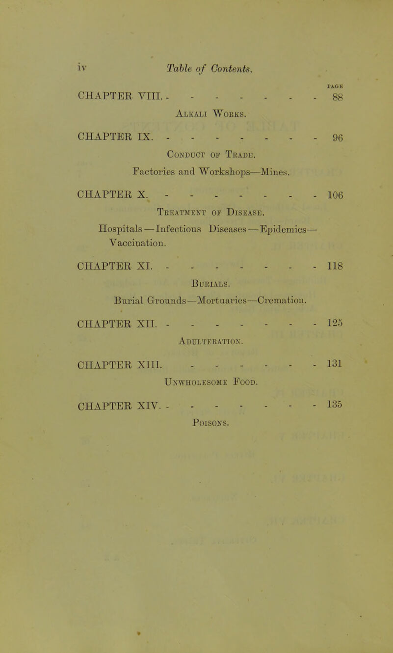 I'AGK CHAPTER VIII 88 Alkali Works. CHAPTER IX. 96 Conduct op Trade. Factories and Workshops—Mines. CHAPTER X. 106 Treatment of Disease. Hospitals — Infectious Diseases—Epidemics— Vaccination. CHAPTER XI. 118 Burials. Burial Grounds—Mortuaries—Cremation. CHAPTER XII. ------- 125 Adulteration. CHAPTER XIII. 131 Unwholesome Food. CHAPTER XIV. 135 Poisons.