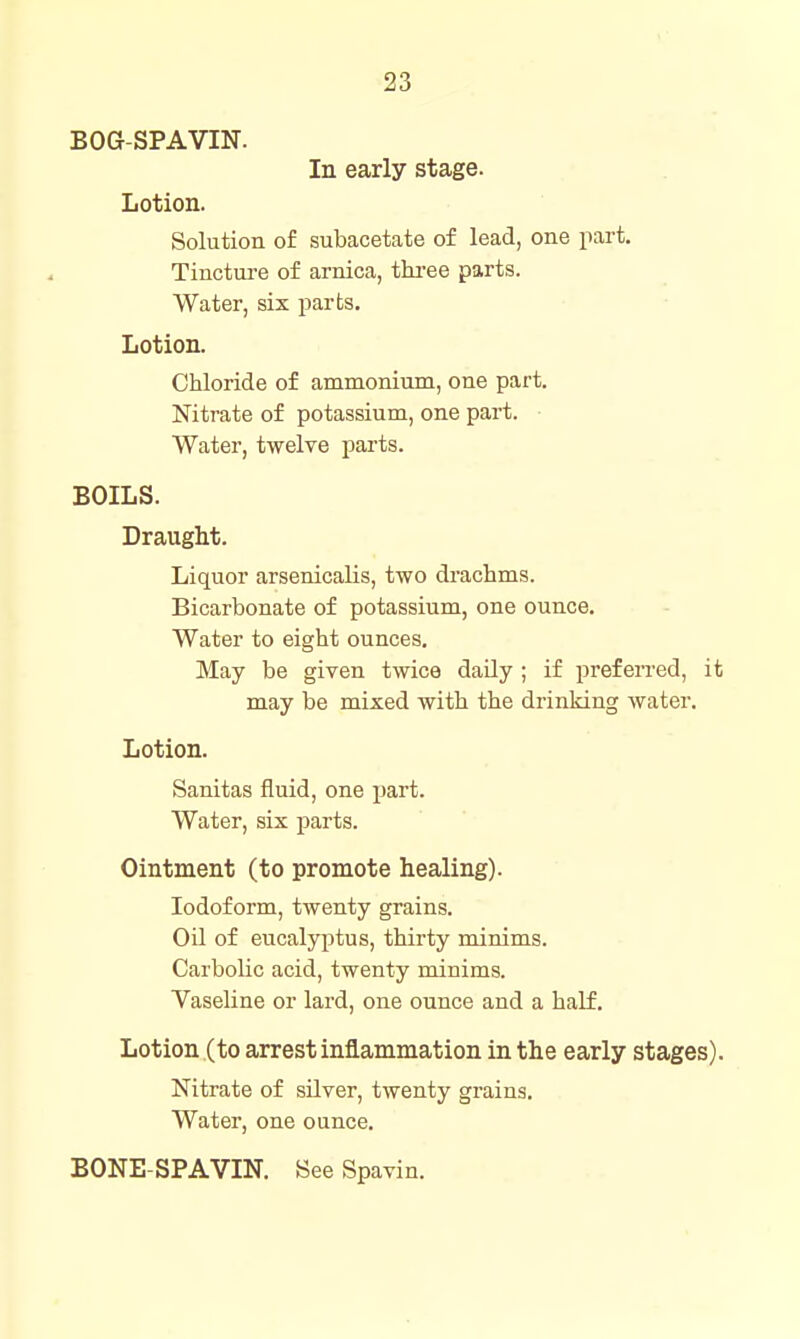 BOG-SPAVIN. In early stage. Lotion. Solution of subacetate of lead, one part. Tinctm-e of arnica, tkree parts. Water, six parts. Lotion. Chloride of ammonium, one part. Nitrate of potassium, one part. Water, twelve parts. BOILS. Draught. Liquor arsenicalis, two drachms. Bicarbonate of potassium, one ounce. Water to eight ounces. May be given twice daUy ; if preferred, it may be mixed with the drinking water. Lotion. Sanitas fluid, one part. Water, six parts. Ointment (to promote healing). Iodoform, twenty grains. Oil of eucalyptus, thirty minims. Carbolic acid, twenty minims. Vaseline or lard, one ounce and a half. Lotion (to arrest inflammation in the early stages). Nitrate of silver, twenty grains. Water, one ounce. BONE-SPAVIN. See Spavin.