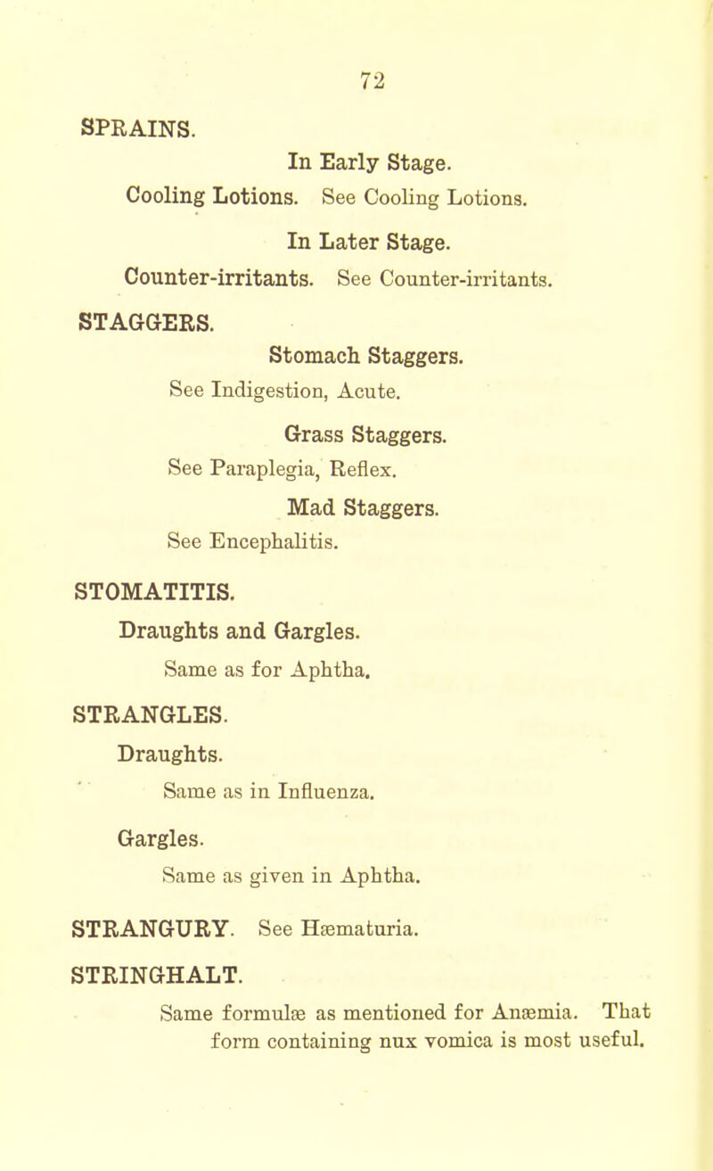 SPRAINS. In Early Stage. Cooling Lotions. See Cooling Lotions. In Later Stage. Counter-irritants. See Counter-irritants. STAGGERS. Stomach Staggers, See Indigestion, Acute. Grass Staggers. See Paraplegia, Reflex. Mad Staggers. See Encephalitis. STOMATITIS. Draughts and Gargles. Same as for Aphtha, STRANGLES. Draughts. Same as in Influenza. Gargles. Same as given in Aphtha. STRANGURY. See Hematuria. STRINGHALT. Same formulae as mentioned for Anaemia. That form containing nux vomica is most useful.