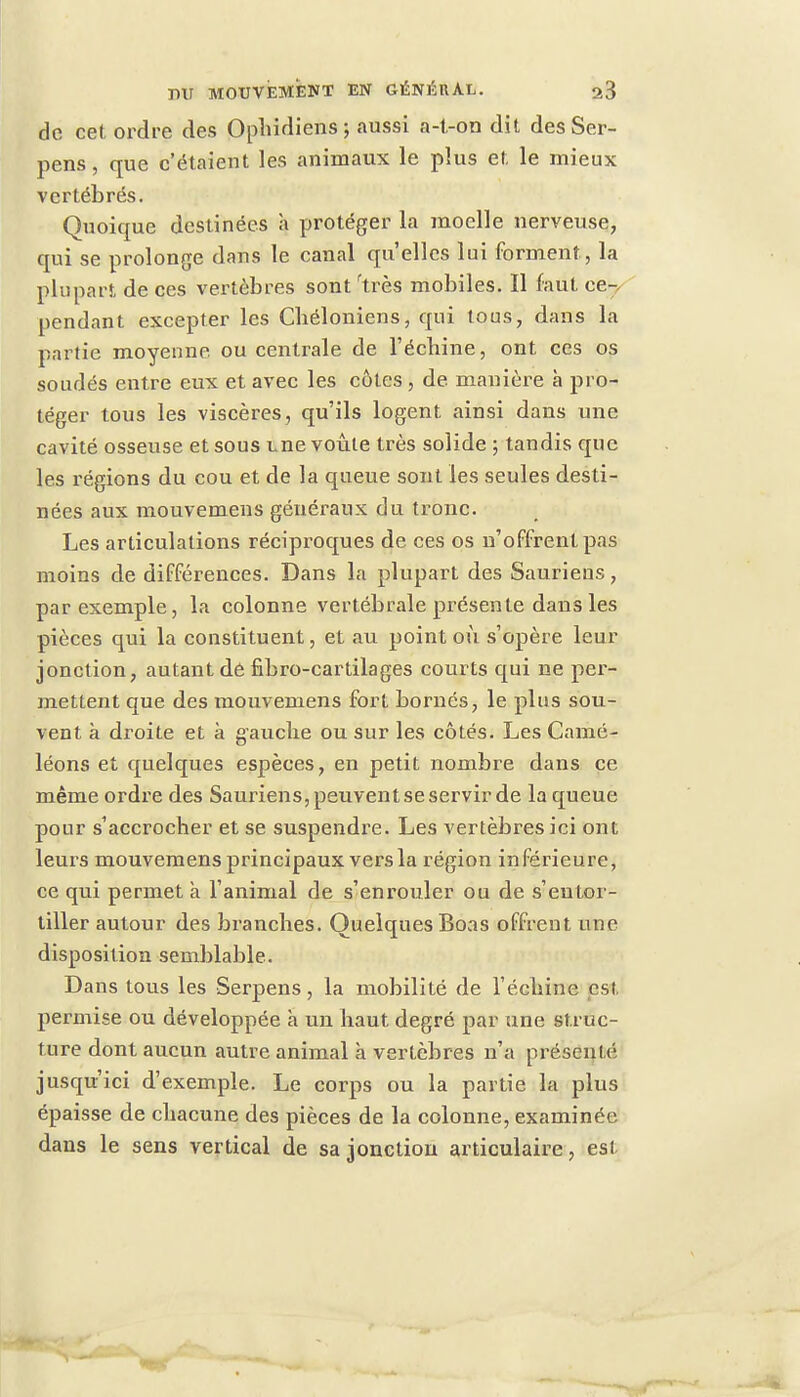 de cet ordre des Ophidiens; aussi a-t-on dit desSer- pens, que c'étaient les animaux le plus et le mieux vertébrés. Quoique destinées a protéger la moelle nerveuse, qui se prolonge dans le canal qu'elles lui forment, la plupart de ces vertèbres sont rtrès mobiles. Il faut ce7/ pendant excepter les Chéloniens, qui tous, dans la partie moyenne ou centrale de l'échiné, ont ces os soudés entre eux et avec les côtes , de manière à pro- téger tous les viscères, qu'ils logent ainsi dans une cavité osseuse et sous une voûte très solide ; tandis que les régions du cou et de la queue sont les seules desti- nées aux mouvemens généraux du tronc. Les articulations réciproques de ces os n'offrent pas moins de différences. Dans la plupart des Sauriens, par exemple, la colonne vertébrale présente dans les pièces qui la constituent, et au point où s'opère leur jonction, autant de fibro-cartilages courts qui ne per- mettent que des mouvemens fort bornés, le plus sou- vent à droite et à gauche ou sur les côtés. Les Camé- léons et quelques espèces, en petit nombre dans ce même ordre des Sauriens, peuvent se servir de la queue pour s'accrocher et se suspendis. Les vertèbres ici ont leurs mouvemens principaux vers la région inférieure, ce qui permet à l'animal de s'enrouler ou de s'entor- tiller autour des branches. Quelques Boas offrent une disposition semblable. Dans ttms les Serpens, la mobilité de l'échiné est permise ou développée à un haut degré par une struc- ture dont aucun autre animal à vertèbres n'a présenté jusqu'ici d'exemple. Le corps ou la partie la plus épaisse de chacune des pièces de la colonne, examinée dans le sens vertical de sa jonction articulaire, est