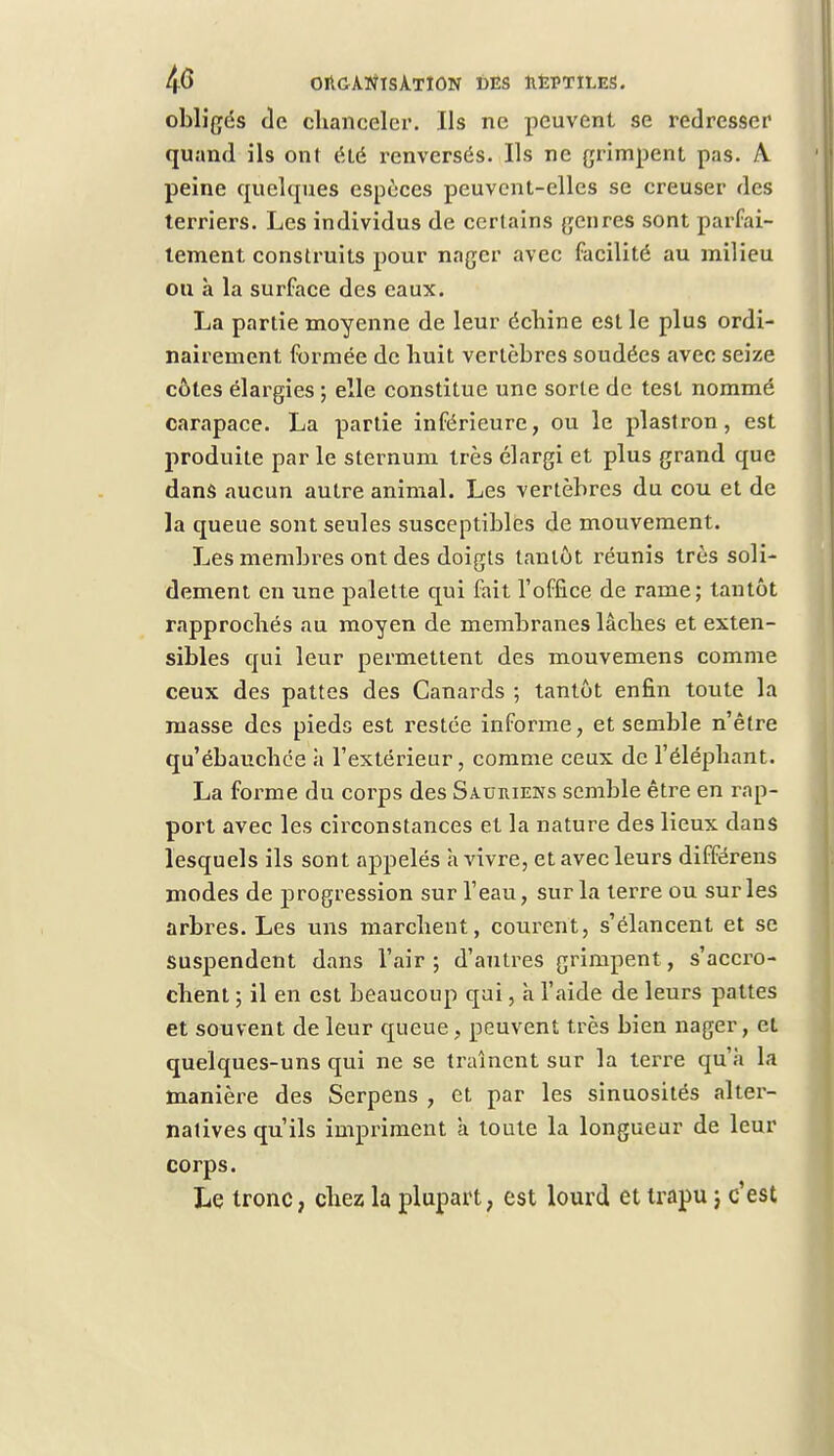 obligés de chanceler. Ils ne peuvent se redresser quand ils ont été renversés. Ils ne grimpent pas. A peine quelques espèces peuvent-elles se creuser des terriers. Les individus de certains genres sont parfai- tement construits pour nager avec facilité au milieu ou à la surface des eaux. La partie moyenne de leur échine est le plus ordi- nairement formée de huit vertèbres soudées avec seize côtes élargies ; elle constitue une sorte de test nommé carapace. La partie inférieure, ou le plastron, est produite par le sternum très élargi et plus grand que dans aucun autre animal. Les vertèbres du cou et de la queue sont seules susceptibles de mouvement. Les membres ont des doigts tantôt réunis très soli- dement en une palette qui fait l'office de rame; tantôt rapprochés au moyen de membranes lâches et exten- sibles qui leur permettent des mouvemens comme ceux des pattes des Canards ; tantôt enfin toute la masse des pieds est restée informe, et semble n'être qu'ébauchée à l'extérieur, comme ceux de l'éléphant. La forme du corps des Sauriens semble être en rap- port avec les circonstances et la nature des lieux dans lesquels ils sont appelés h vivre, et avec leurs différens modes de progression sur l'eau, sur la terre ou sur les arbres. Les uns marchent, courent, s'élancent et se suspendent dans l'air ; d'autres grimpent, s'accro- chent ; il en est beaucoup qui, à l'aide de leurs pattes et souvent de leur queue, peuvent très bien nager, et quelques-uns qui ne se traînent sur la terre qu'à la manière des Serpens , et par les sinuosités alter- natives qu'ils impriment a toute la longueur de leur corps. Le tronc, chez la plupart, est lourd et trapu j c'est