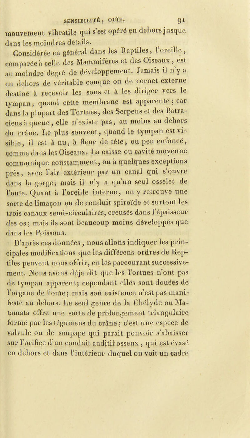 mouvement vibra tile qui s'est opéré en dehors jusque dans les moindres détails. Considérée en général dans les Reptiles, l'oreille, comparée à celle des Mammifères et des Oiseaux , est au moindre degré de développement. Jamais il n'y a en dehors de véritable conque ou de cornet externe destiné a recevoir les sons et à les diriger vers le tympan, quand cette membrane est apparente ; car dans la plupart des Tortues, des Serpens et des Batra- ciens h queue, elle n'existe pas, au moins au dehors du crâne. Le plus souvent, qUand le tympan est vi- sible, il est à nu, h fleur de têle, ou peu enfoncé, comme dans les Oiseaux. La caisse ou cavité moyenne communique constamment, ou a quelques exceptions près, avec l'air extérieur par un canal qui s'ouvre dans la gorge; mais il n'y a qu'un seul osselet de l'ouïe. Quant a l'oreille interne, on y retrouve une sorte de limaçon ou de conduit spiroïde et surtout les trois canaux semi-circulaires, creusés dans l'épaisseur des os ; mais ils sont beaucoup moins développés que dans les Poissons. D'après ces données, nous allons indiquer les prin- cipales modifications que les différens ordres de Rep- tiles peuvent nous offrir, en les parcourant successive- ment. Nous avons déjà dit que les Tortues n'ont pas de tympan apparent ; cependant elles sont douées de l'organe de l'ouïe; mais son existence n'est pas mani- feste au dehors. Le seul genre de la Chélyde ouMa- tamata offre une sorte de prolongement triangulaire formé par les tégumens du crâne ; c'est une espèce de valvule ou de soupape qui paraît pouvoir s'abaisser sur l'orifice d'un conduit auditif osseux , qui est évasé en dehors et dans l'intérieur duquel on voit un cadre