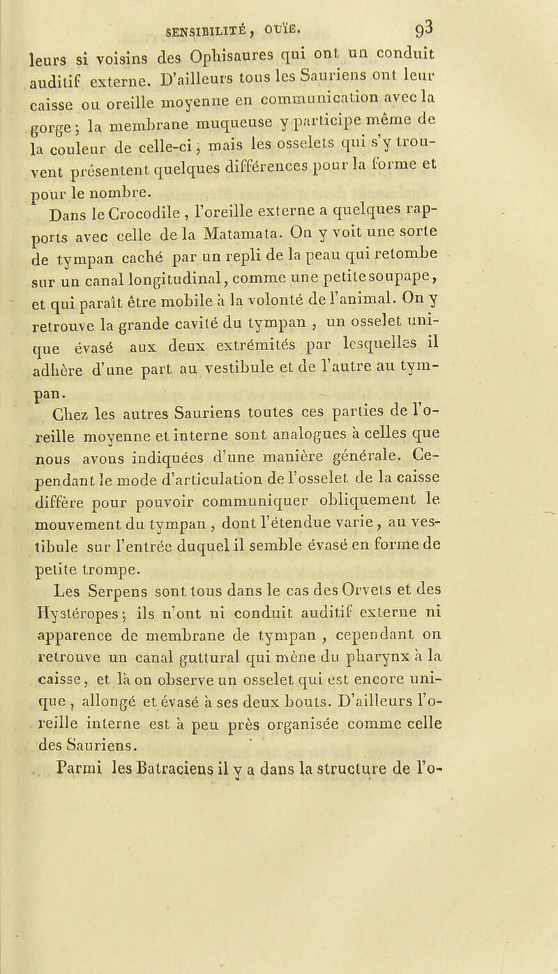 leurs si voisins des Ophisaures qui ont un conduit auditif externe. D'ailleurs tous les Sauriens ont leur caisse ou oreille moyenne en communication avec la gorge ; la membrane muqueuse y participe même de la couleur de celle-ci, mais les osselets qui s'y trou- vent présentent quelques différences pour la forme et pour le nombre. Dans le Crocodile , l'oreille externe a quelques rap- ports avec celle delà Matamata. Ou y voit une sorte de tympan caché par un repli de la peau qui retombe sur un canal longitudinal, comme une petilesoupape, et qui parait être mobile à la volonté de l'animal. On y retrouve la grande cavité du tympan , un osselet uni- que évasé aux deux extrémités par lesquelles il adhère d'une part au vestibule et de l'autre au tym- pan. Chez les autres Sauriens toutes ces parties de l'o- reille moyenne et interne sont analogues à celles que nous avons indiquées d'une manière générale. Ce- pendant le mode d'articulation de l'osselet de la caisse diffère pour pouvoir communiquer obliquement le. mouvement du tympan , dont l'étendue varie , au ves- tibule sur l'entrée duquel il semble évasé en forme de petite trompe. Les Serpens sont tous dans le cas des Orvets et des Hystéropes; ils n'ont ni conduit auditif externe ni apparence de membrane de tympan , cependant on retrouve un canal guttural qui mène du pharynx a la caisse, et là on observe un osselet qui est encore uni- que , allongé et évasé à ses deux bouts. D'ailleurs l'o- reille interne est à peu près organisée comme celle des Sauriens. Parmi les Batraciens il y a dans la structure de l'o-